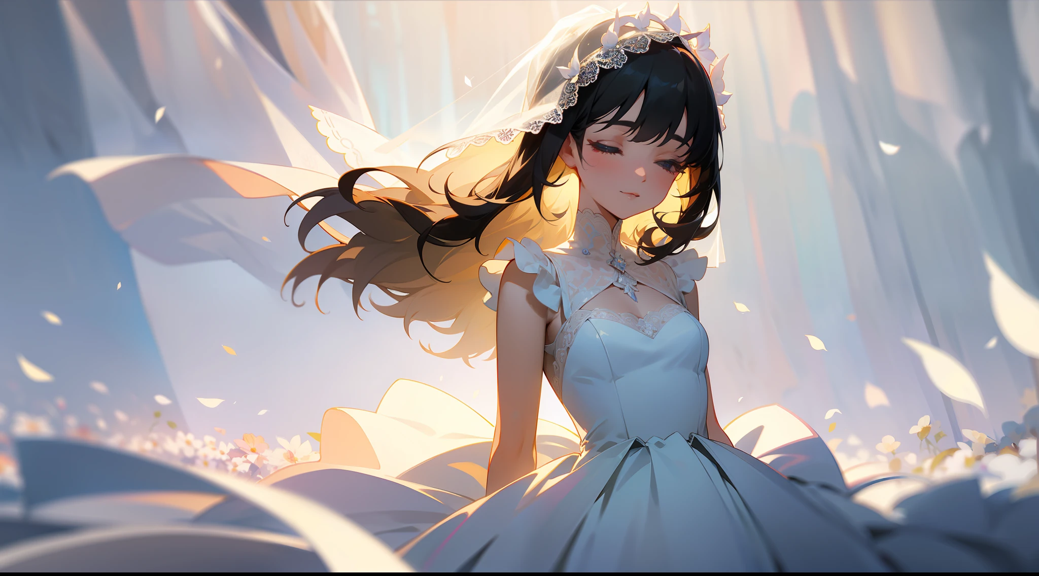 cowboy shot, upper body, portrait, medium shot, wide-angle lens, perspective, depth of field, blurred foreground, perspective, cinematic angle, arms behind back, masterpiece, best quality, ultra-detailed, extremely detailed CG unity 8k wallpaper, pretty face, beautiful detail eyes, a maiden, solo, black hair, eyes closed, smile, wedding dress, wearing wedding dress, lace wedding dress, standing in front of white curtains, Standing in a field of flowers, white flowers, petals, flowing fabrics, ethereal beauty, endless flowing ethereal drapery, lens halo, early morning, spring, depth of field