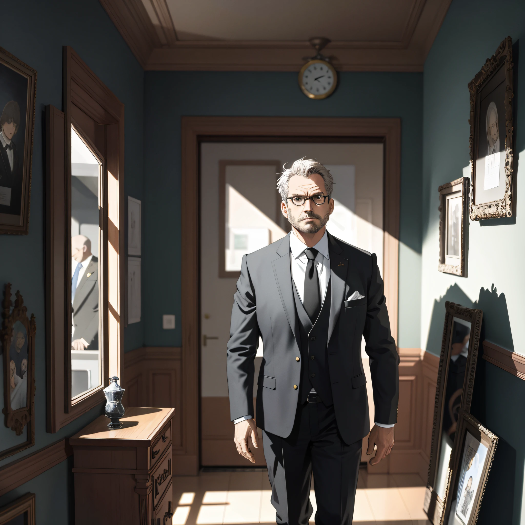 Absurd resolution, high resolution, (masterpiece: 1.4), hyper-detail, sturdy middle-aged man in black suit, eerie room, looking at a wall clock, serious expression