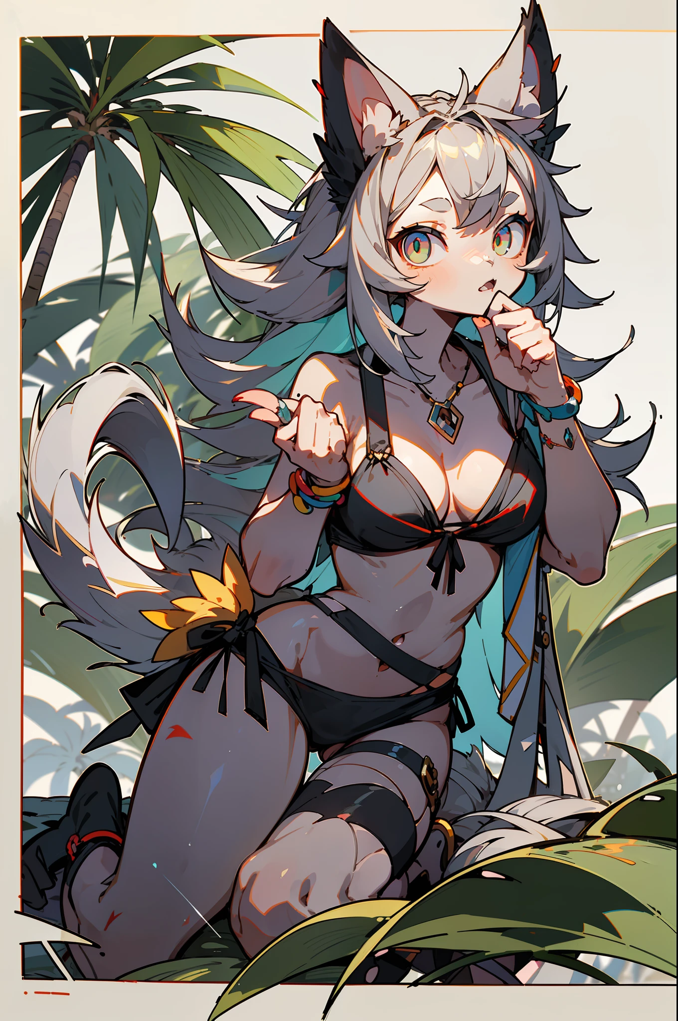 master-piece,hyper quality,hyper detailed,perfect drawing,1 beautiful girl, gray bikini, rat ears, rat tail, rat palm, rat paws, rat fingers, hunter's eyes aiming for prey, gray hair, drooping eyes, height 148cm, three sizes B70W48H80, fluffy, kneeling, pow pause