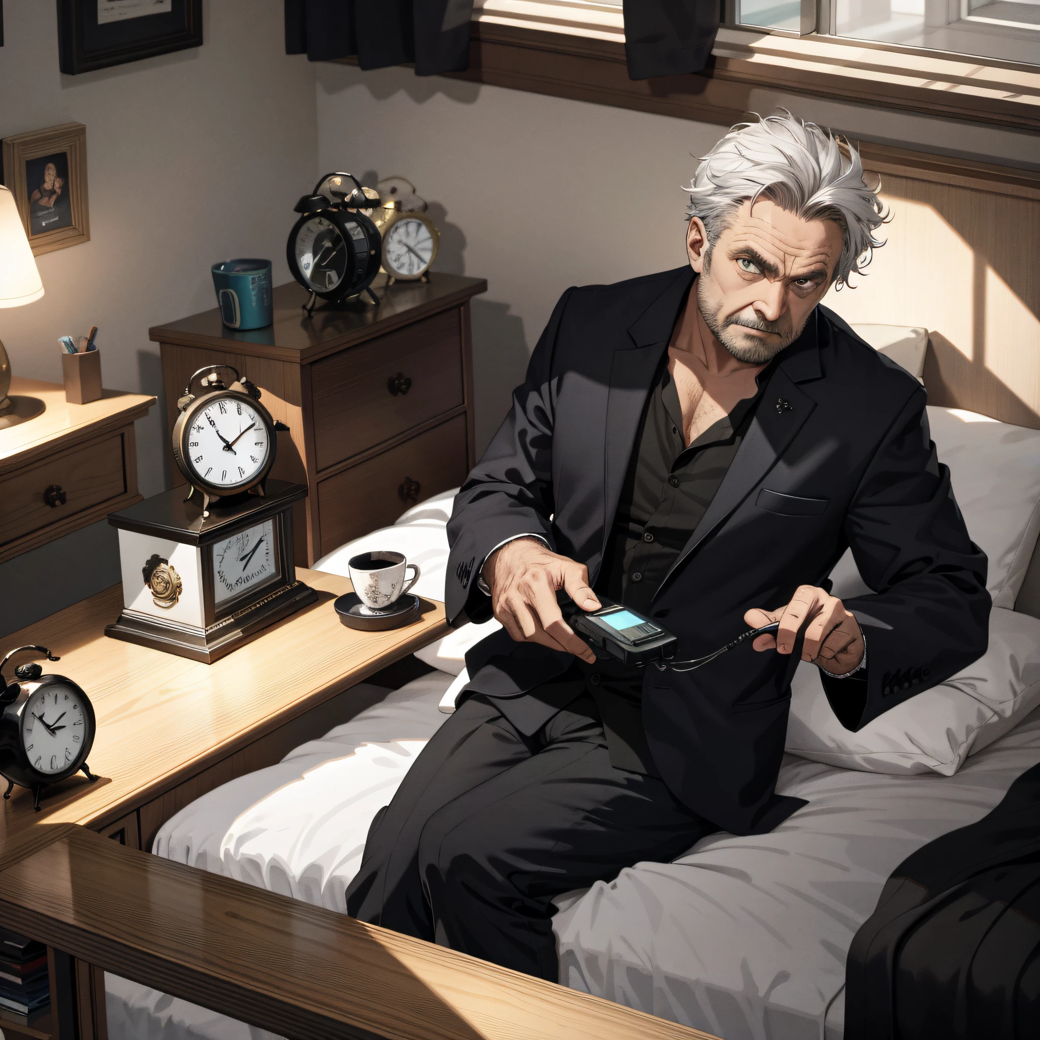 Absurd resolution, high resolution, (masterpiece: 1.4), hyper-detailed, black dressing gown sturdy middle-aged man, bed, holding an alarm clock, serious expression