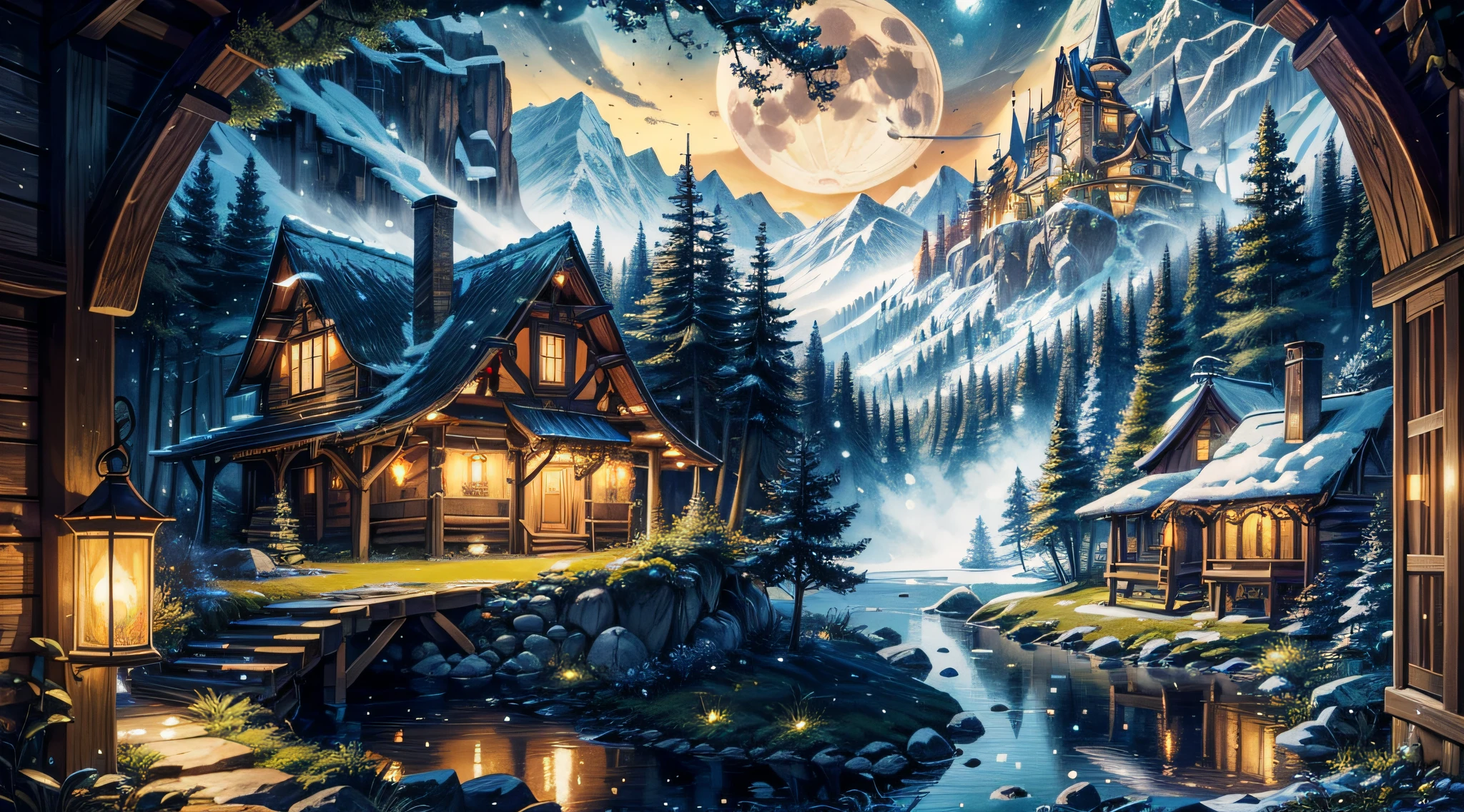 (Best quality),(masterpiece),(ultra detailed),(high detailed),(extremely detailed),quaint and lowkey forest village hideaway and amusement park, mysterious, tucked away deep in the woods, tucked away deep in the tundra, tucked away high in the mountains, tucked away the magic of the oak, tucked away the magic of the moon