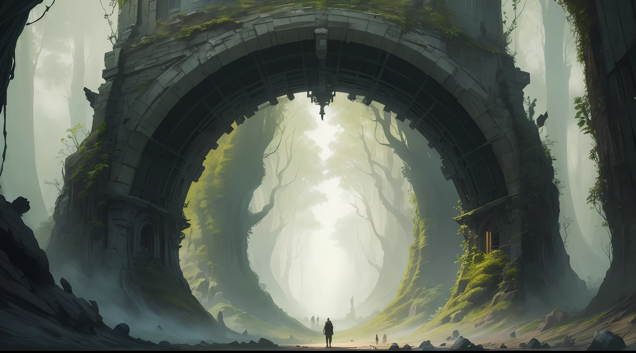 there is a painting of a stone arch in the middle of a forest, concept art by Jason Benjamin, Artstation contest winner, fantasy art, forest portal, dan mcpharlin, portal to another world, dan mcpharlin : : ornate, world seen only through a portal, kilian eng. mœbius, greg beeple, portals