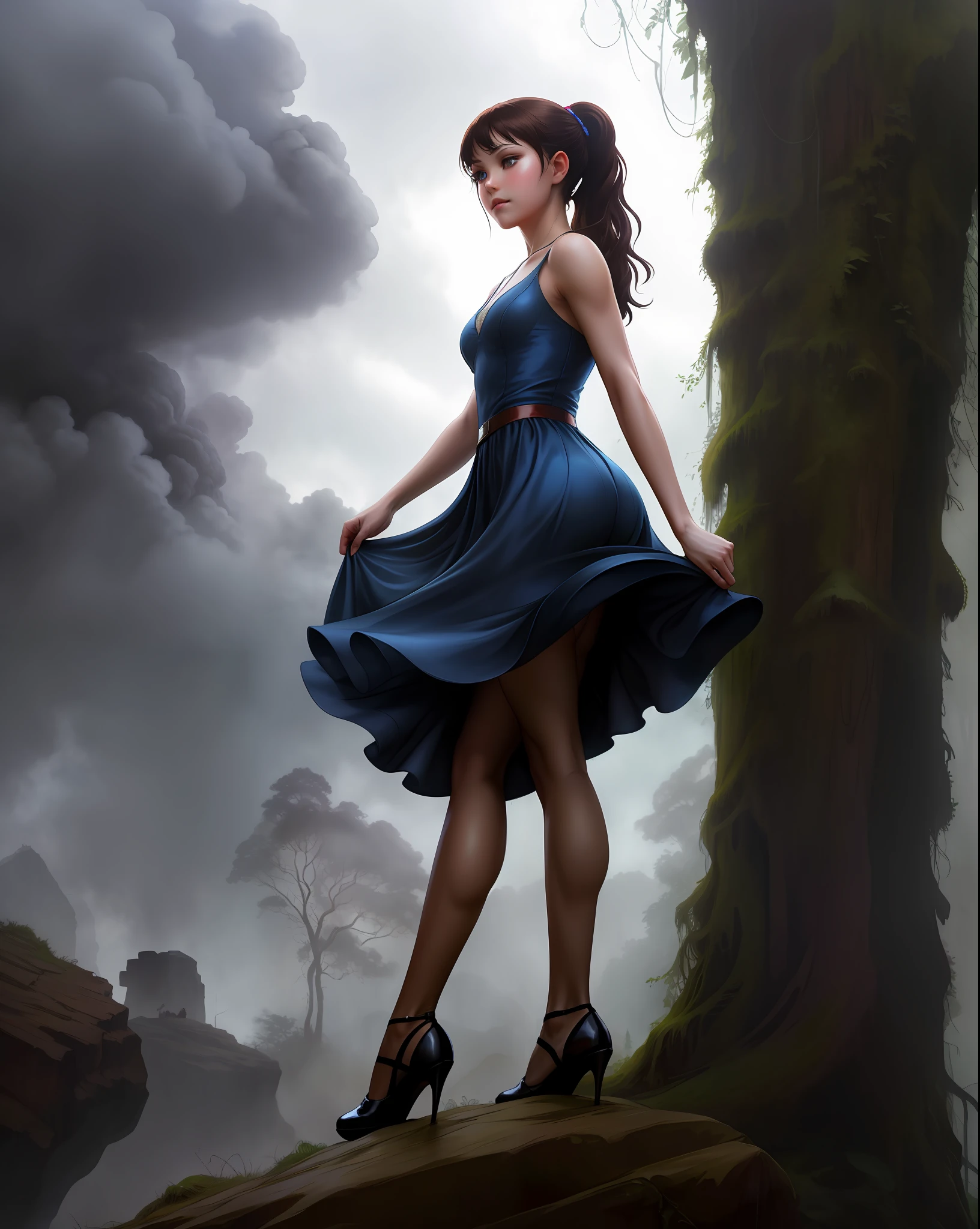 best quality, masterpiece, upper body, woman, braided bronze brown hair, azure eyes, 1920s plunging neckline dress golden and white, spider man, drip outfit, heavy rain, magical, highly detailed, trending on artstation, unreal engine 4 k, cinematic wallpaper by stanley artgerm lau, wlop, rossdraws, james jean, andrei riabovitchev, marc simonetti, yoshitaka amano. background by james jean and gustav klimt, light by julie bell, 4 k, porcelain skin, style of zdislaw beksinski, detailed, 8k, dynamic lighting, white chromatic aberration, soaking wet,lace,translucent,elusive,A girl who is 150cm tall, is facing forward, and has a large body. She is wearing a lace small vest on her chest, a short black lace translucent skirt, and has long hair tied in a ponytail. She is looking at the sky with her hands behind her back, and wearing semi-transparent black stockings on her legs. Her skin texture looks realistic like a real person in a photo. She is standing on a large rock, with a destroyed Gundam lying on the ground in the background, and a dark and cloudy sky above. In the distance, there is thick smoke rising from the ruins.