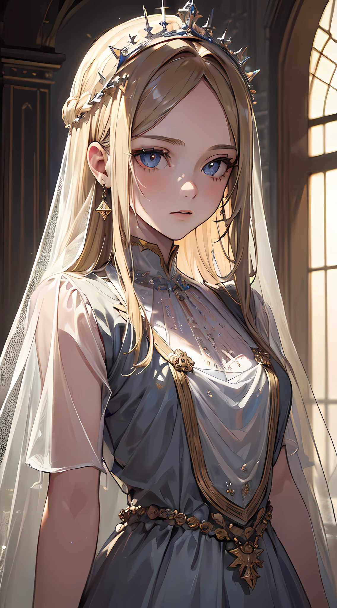 (masterpiece, best quality:1.5), official art, raw photo, incredibly absurdres, medieval, upper body, princess, veil, see-through, (decorative, shiny:0.8), blonde hair, ultra realistic, highres, photography, sharp focus, highest detailed, extreme detailed, ultra detailed, finely detail, extremely detailed eyes and face, sharp pupils, realistic pupils