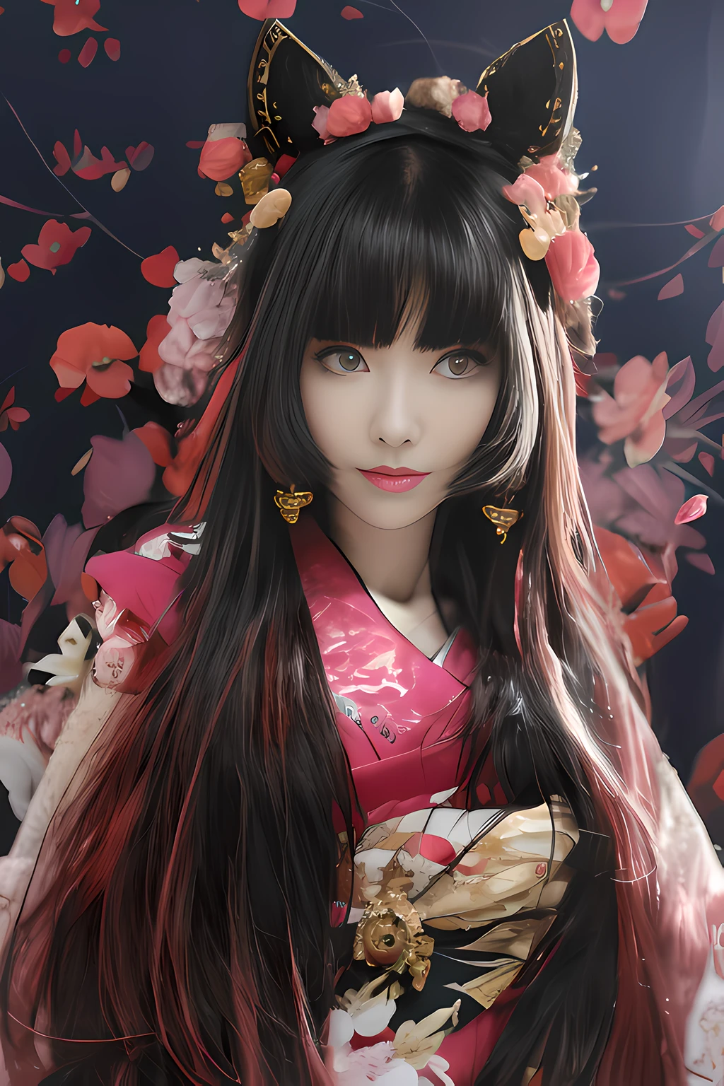 there is a woman with long hair wearing a pink dress and cat ears, artwork in the style of guweiz, japanese goddess, japonisme 3 d 8 k ultra detailed, anime girl in real life, photorealistic anime girl render, anime girl cosplay, photorealistic anime, guweiz, anime style mixed with fujifilm, hyper realistic anime, 3 d anime realistic