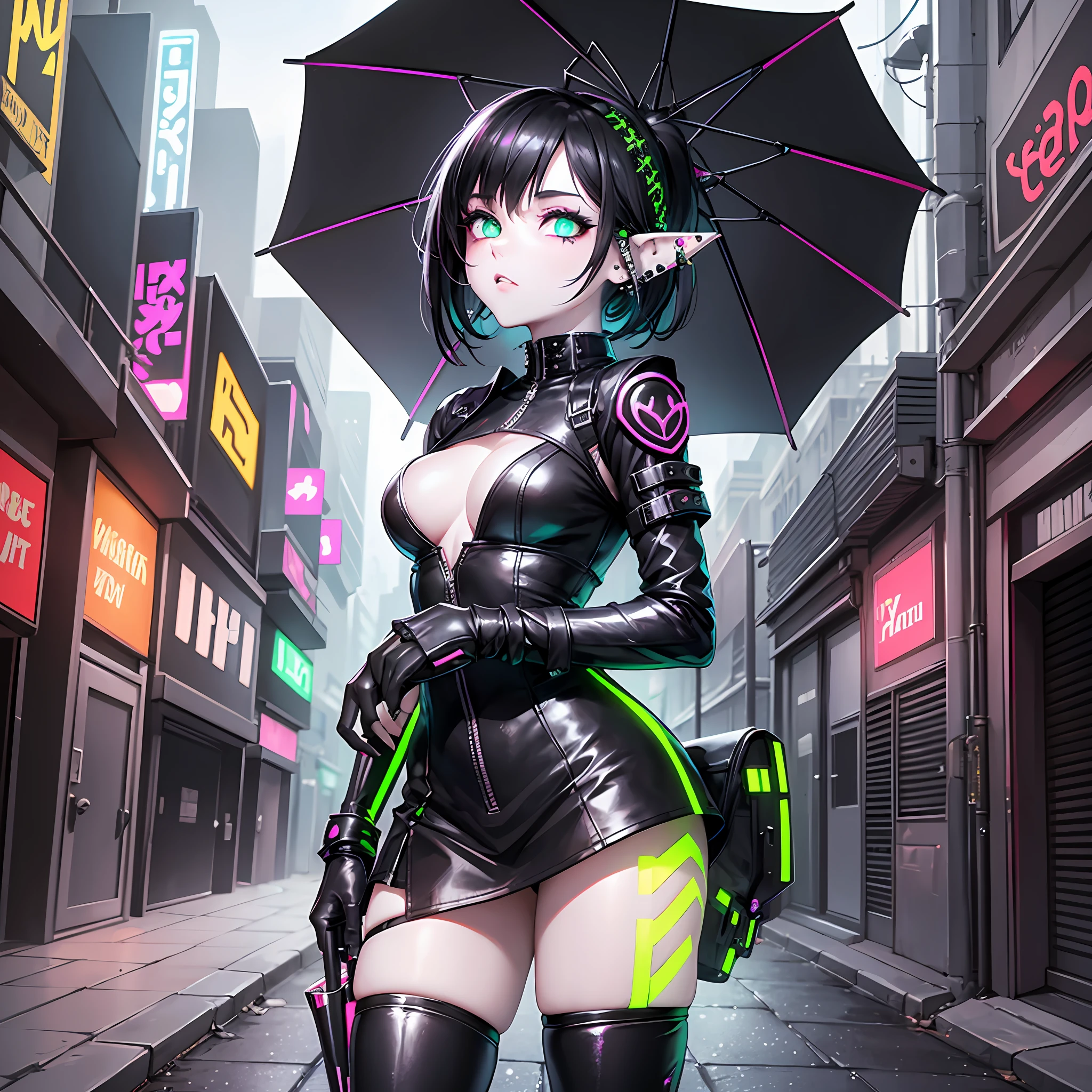 (Best Quality, Masterpiece) white skin girl, short black hair, upper half of body, pointed ears down, piercings, cyberpunk black gothic clothing, gothic boots, pantyhose, short/small stature, holding black umbrella, bright neon green eyes, expression of boredom, cyberpunk alley --auto --s2