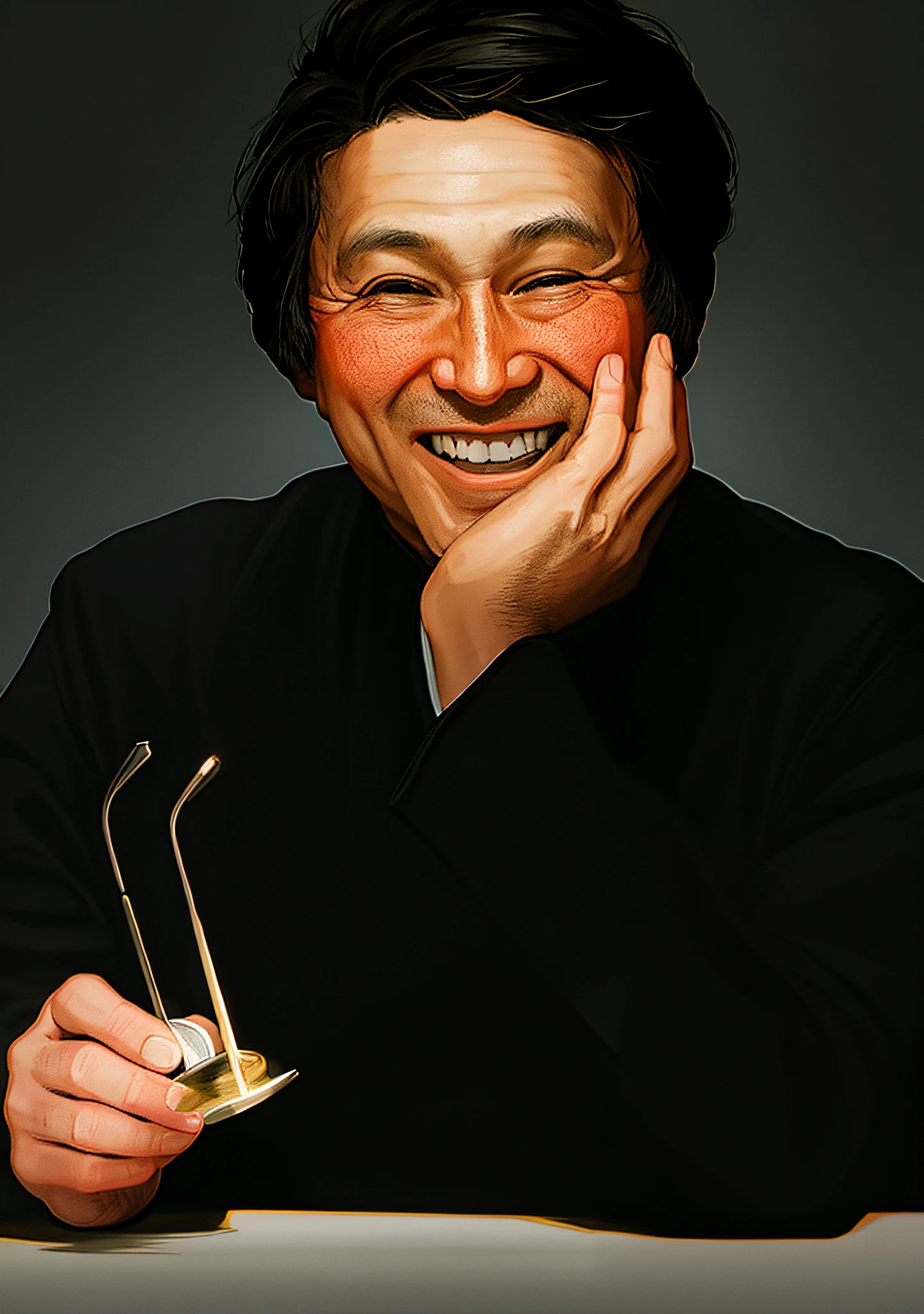 (Left elbow on desk: 1.2), (Exclude all text printed on the photo: 1.5), (Delete any text: 1.5), (Exclude all text printed on the photo: 1.5), especially the amount of hair should be drawn faithfully as shown, skin tone should be natural Asian skin tone, skin blemishes and spots should be removed. (Draw the outline of the clothes you are coming: 1.5), (Also draw the elbow area and angle of the left hand perfectly: 1.3), start by uploading the provided photo of Juzo Itami to SeaArt's platform, and select the "Realistic Portrait" option in the intelligent analysis settings. Adjust the "Detail" and "Smoothness" sliders to emphasize portrait details and achieve a smooth effect. Use the "Lighting" and "Shadow" settings to add depth and dimension to your portrait, paying special attention to the area where your left hand rests on your chin. To ensure a realistic depiction of the hand, use the brush tool to manually adjust the area. Use the "Detail" and "Smoothness" settings to match the texture of your hands and skin tone with the rest of the portrait. It utilizes technical lighting techniques such as split light to achieve highly realistic results. Consider adding a black and white effect or concept art elements to your portrait to make your portrait stand out. Get inspired by buttonerdvision3 and other highly detailed artists at Artstation to keep up with the trends. Once you're happy with the overall look and focus of your portrait, save it in a high-resolution format for the best quality results.
