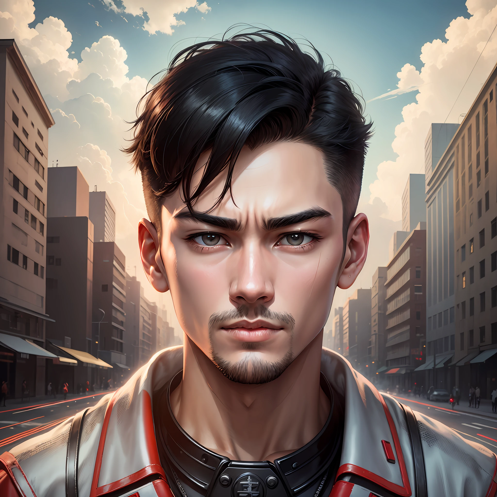 pupil, Male youth, Male facial features in northern China, hansome, Thin eyes, brush cut, Strong facial lines, browjob, CCCP poster, sovietposter, 80s poster, Chinese Commune, communism, black hair, dark eyes, white_gloves, white_space shoes, white_helmet, red neckerchief, The aircraft of the future, Side brilliance, reflection, The sun reflects light, red flag, glossy, Chinese 80s style, diffuse reflection, Metallic texture, The background is factories and schools, Mecha style, high, glorious, satellite, Surrealism，, closeup, ultra HD, Masterpieces, High Detailed, award-winning, high-quality, determined, raised eyebrow, buzz cut, futurism, cinematic lighting, Film grain, super detail --auto --s2