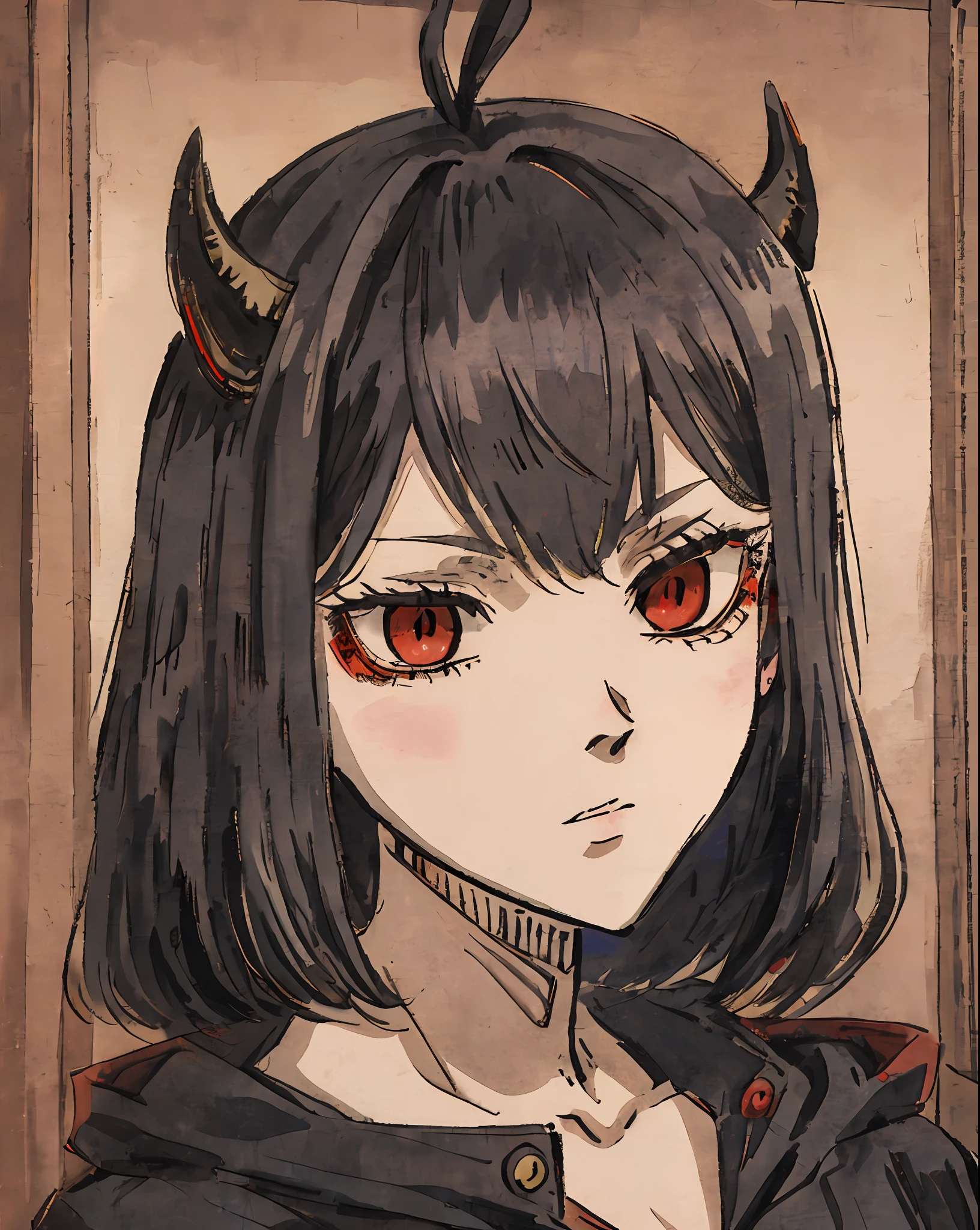 1girl, nero black clover, looking_at_viewer, neutarl face, studio lighting, highlights, detailed eyes, girl, red eyes, small black demon horns, black clover style, masterpiece