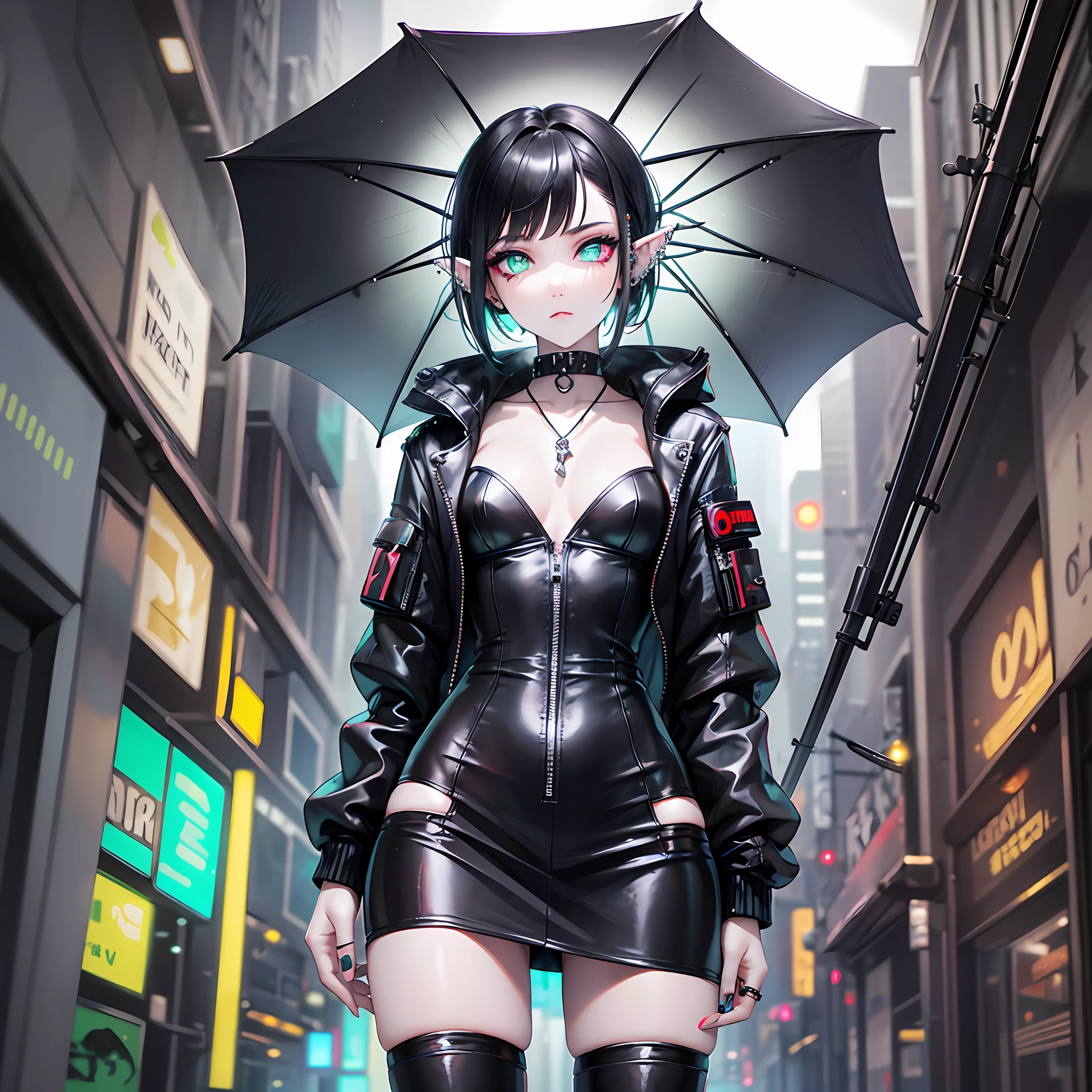 (Best Quality, Masterpiece) white skin girl, short black hair, upper half of body, pointed ears down, piercings, cyberpunk black gothic clothing, gothic boots, pantyhose, short/small stature, holding black umbrella, bright neon green eyes, expression of boredom, cyberpunk alley --auto --s2