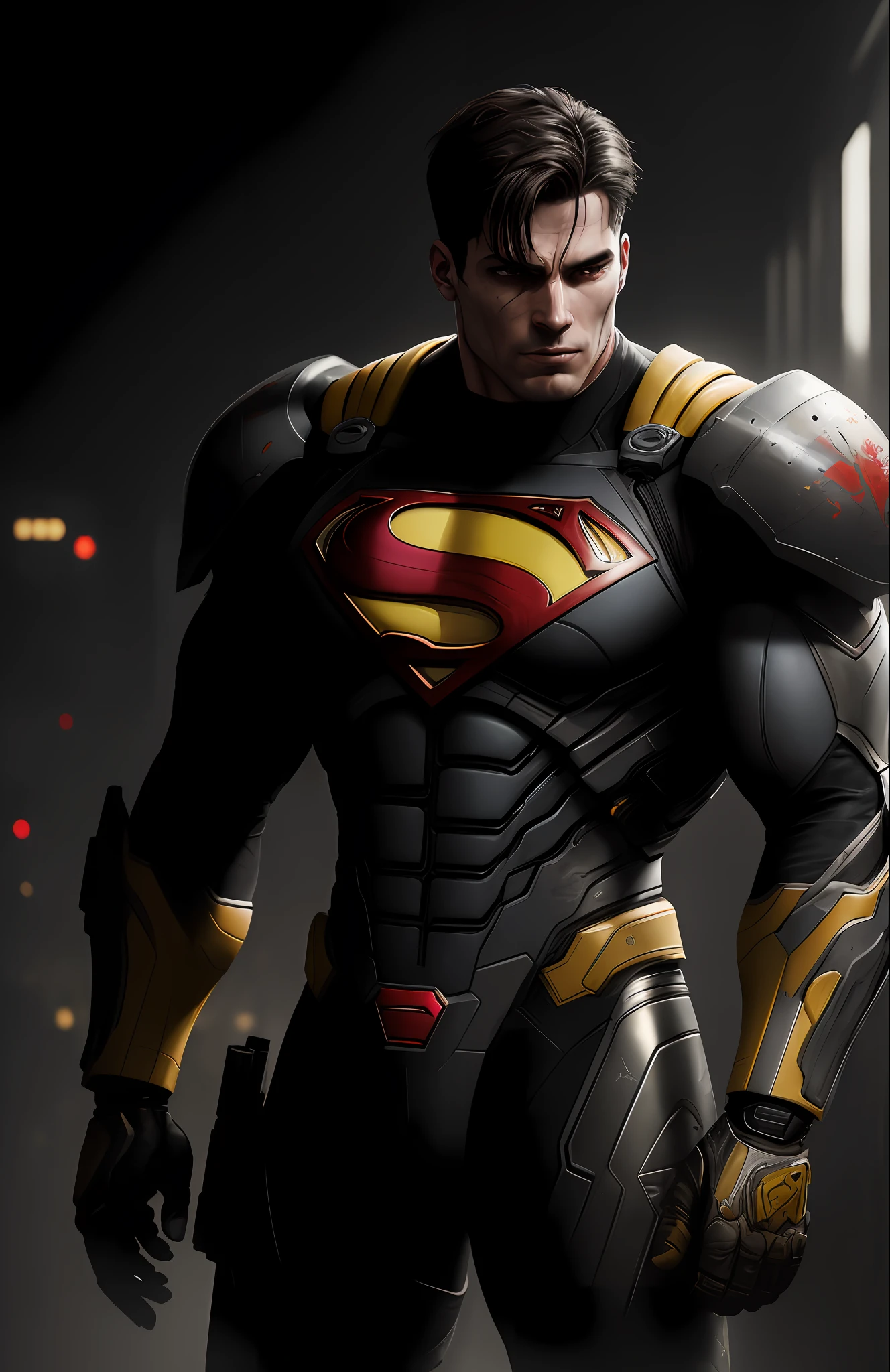 (dark shot: 1.1), epic realistic, Cyborg Superman from DC, yellow gradient, black, brown and magenta color scheme, grunge aesthetic!!! graffiti tag wall background, art by Greg Rutkowski and artgerm, soft cinematic light, Adobe Lightroom, darkroom, HDR, intricate, highly detailed, (depth of field: 1.4), faded, (neutral colors: 1.2), (hdr: 1.4), (muted colors: 1.2), hyper-detail (artstation: 1.4), cinematic, warm light, dramatic light (complex details: 1.1)