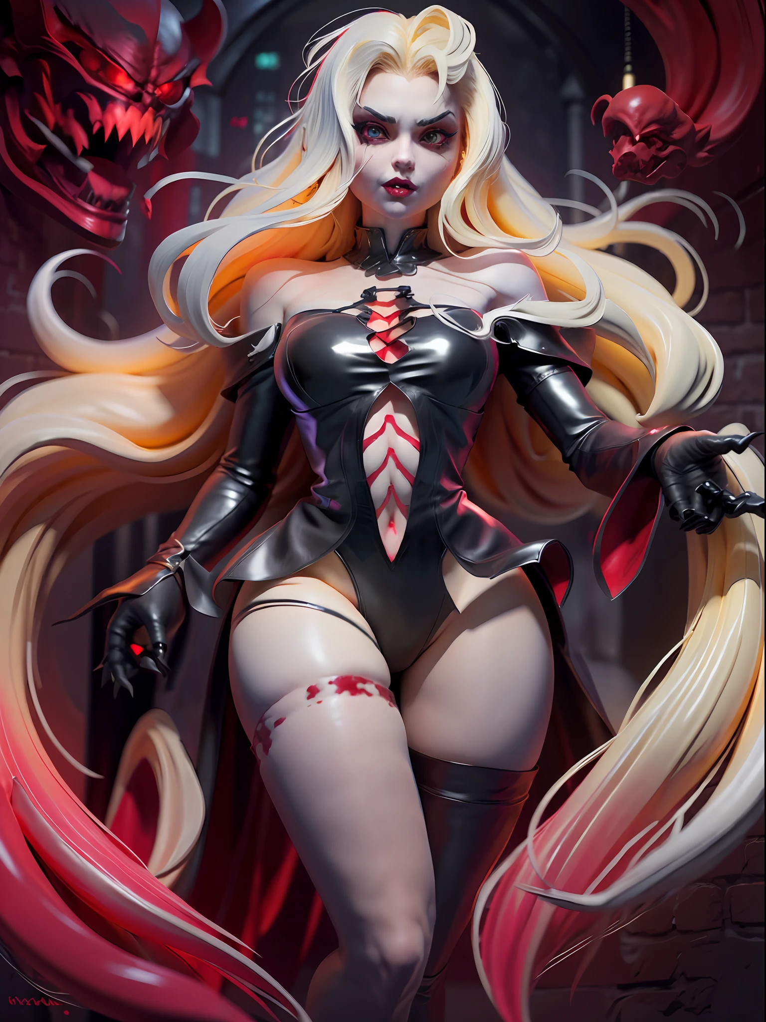 A sexy vampire in short black clothes, staring at the viewer, full body, flowing blonde hair, menacing gaze and gleaming vampire fangs, blood staining her pale face, big, sharp nails ready to pounce, in a dark alley of a city at night, with intensely mesmerizing red eyes --auto --s2