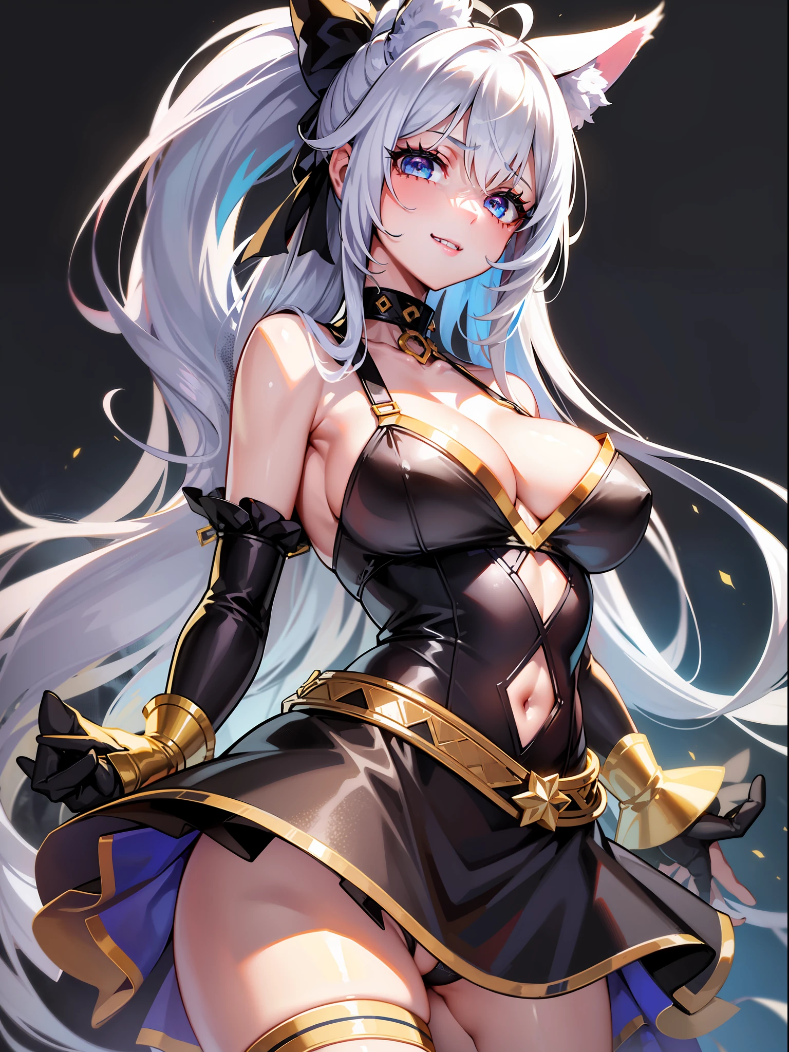 gray hair, white and yellow cloth, red eyes, black long gloves, blue eyes, ponytail, illustration, multicolored, from below, armpits, very detailed body, girl, woman,, 30 years old, unusually long hair, spiked hair, tear bangs, hair pulled back, twin blades, side locks, white and black hair, flowing hair, antenna hair, beautiful face, fox ears, back arms, delicate hands, big, wet skin, cat girl, Human face, mouth with sharp teeth only in the mouth, fair skin, clear body, standing figure, unusual color of eyes, medium breasts, happy smile, masterpiece ++, super definition ++, best shadow ++, better lighting ++, better quality ++, edge lighting, choker, super shiny skin ++, oily skin +, mature, mature woman, black pantyhose, Yellow and black berry dancer costume consisting of a black and yellow top with loose sleeves and gold detailsContinuing from the cuffs to the upper arms, this skirt is combined with a patterned dark blue skirt fastened with a large blue ribbon adorned with blue trim, and the skirt is decorated with numerous trinkets and various fabrics in intricate and varied designs. On her leg, she wears a golden trinket on her left thigh and a golden heel that goes up to her knee. ++++ Behind is a desert of sand +++,