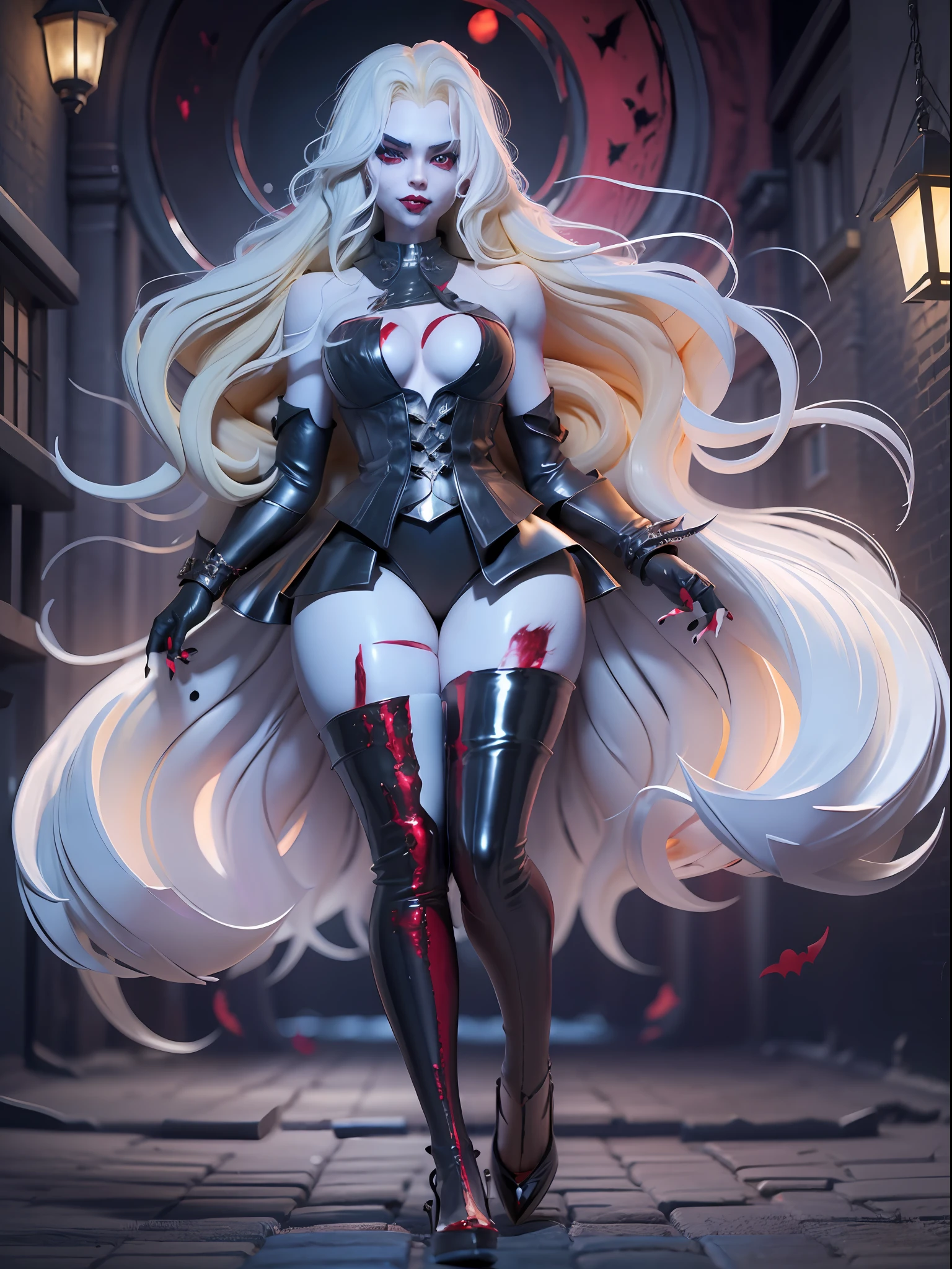 A sexy vampire in short black clothes, staring at the viewer, full body, flowing blonde hair, menacing gaze and gleaming vampire fangs, blood staining her pale face, big, sharp nails ready to pounce, in a dark alley of a city at night, with intensely mesmerizing red eyes --auto --s2