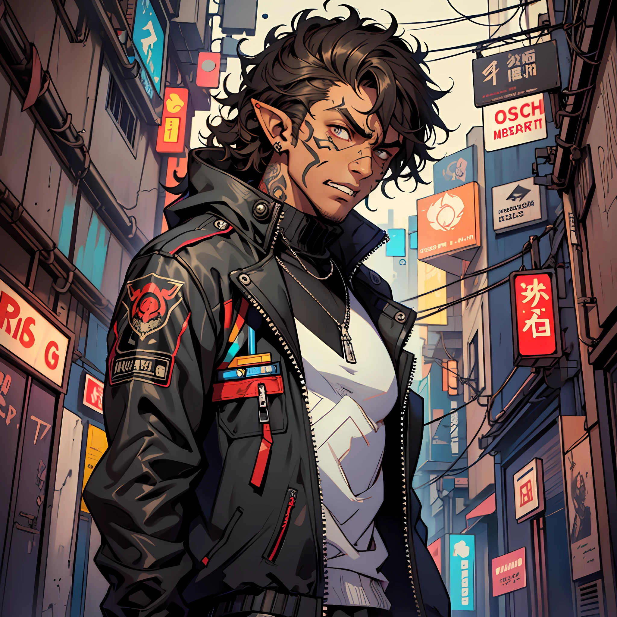 (Best Quality, Masterpiece) brown-skinned boy, curly hair, upper half of body, pointy ears, totally black left eye, tattoos on face, cyberpunk outfit, jacket with turtleneck, expression of anger, cyberpunk alley --auto --s2