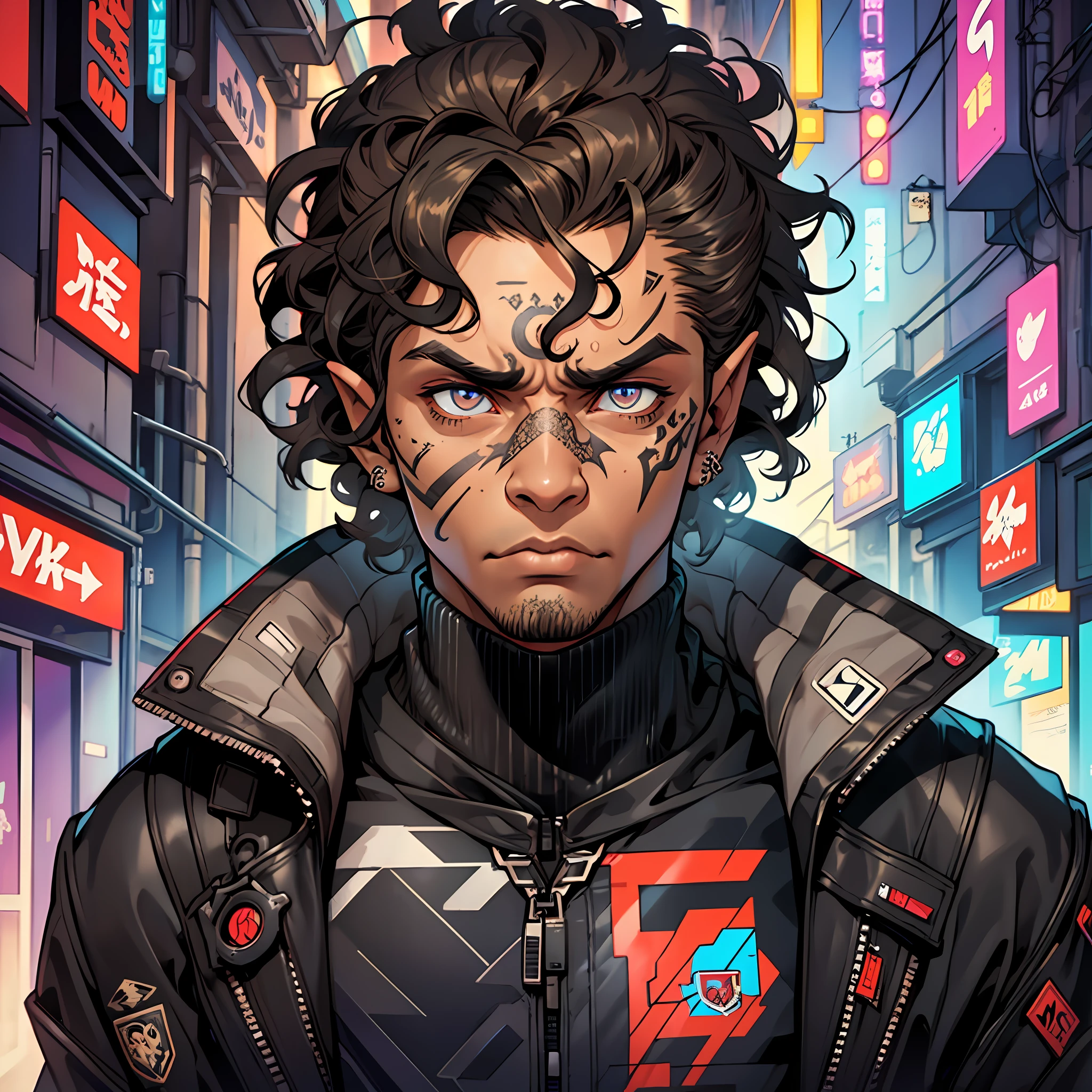 (Best Quality, Masterpiece) brown-skinned boy, curly hair, upper half of body, pointy ears, totally black left eye, tattoos on face, cyberpunk outfit, jacket with turtleneck, expression of anger, cyberpunk alley --auto --s2