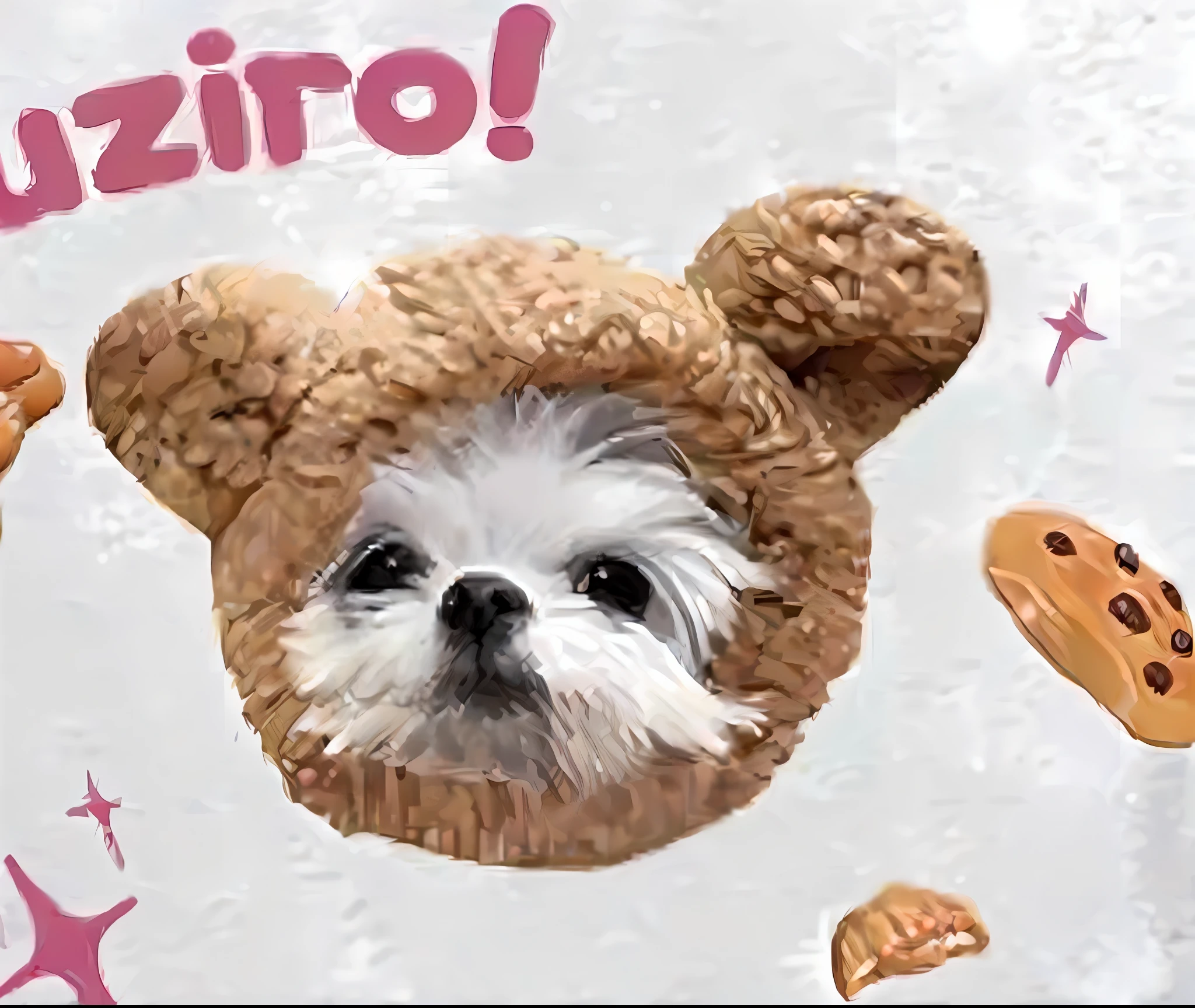 arafed dog wearing a teddy bear hat with cookies around it, miko, chozo, けもの, morphing dog head, 🥥 🍕 hybrid, zido, 😭 🤮 💕 🎀, zun, zumi, archwizzard in a hat, animal wearing a hat, kawaii cute dog, r/aww, 😭 🤧 💔