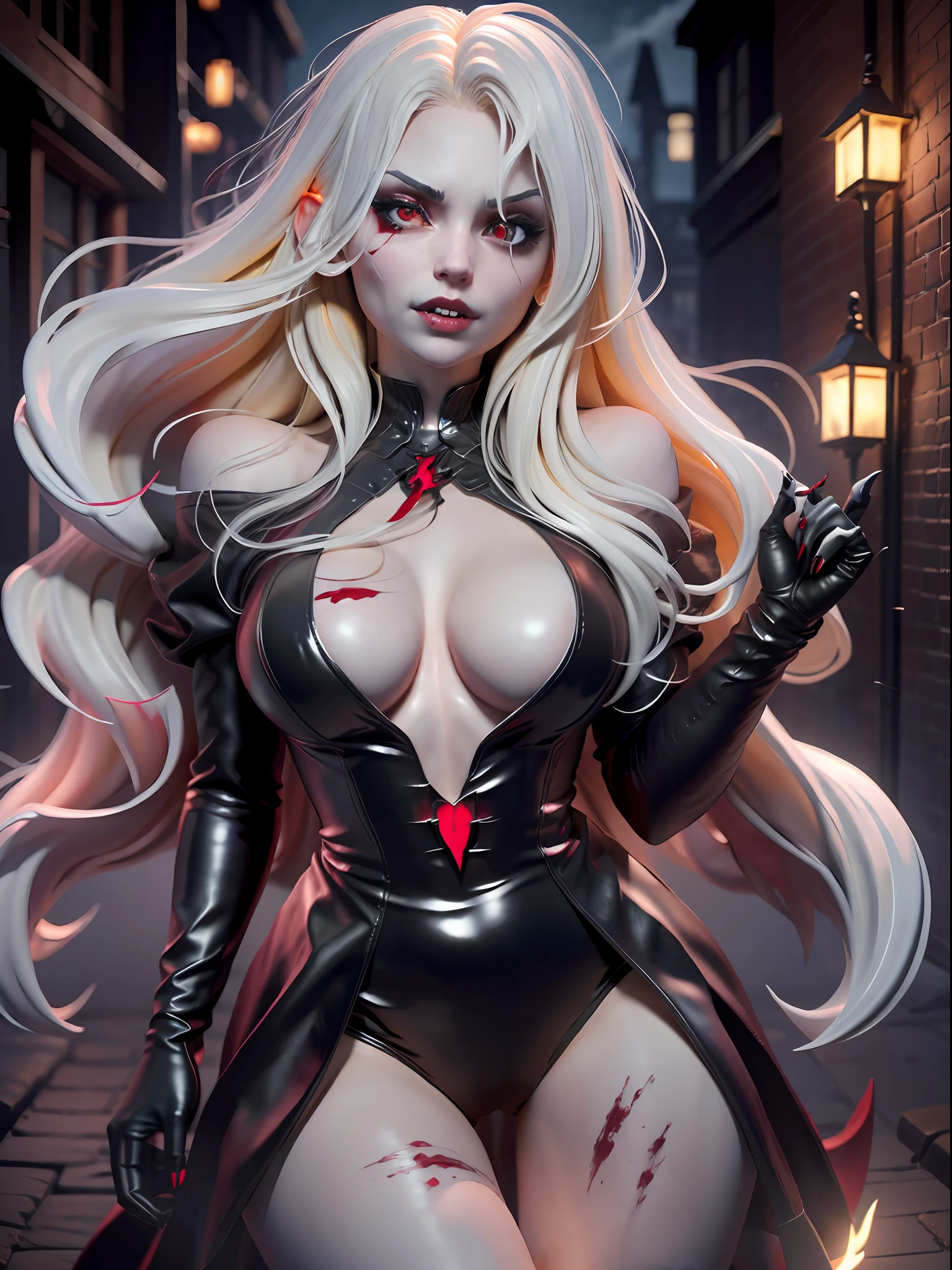 A sexy vampire in short black clothes, staring at the viewer, full body, flowing blonde hair, menacing gaze and gleaming vampire fangs, blood staining her pale face, big, sharp nails ready to pounce, in a dark alley of a city at night, with intensely mesmerizing red eyes --auto --s2