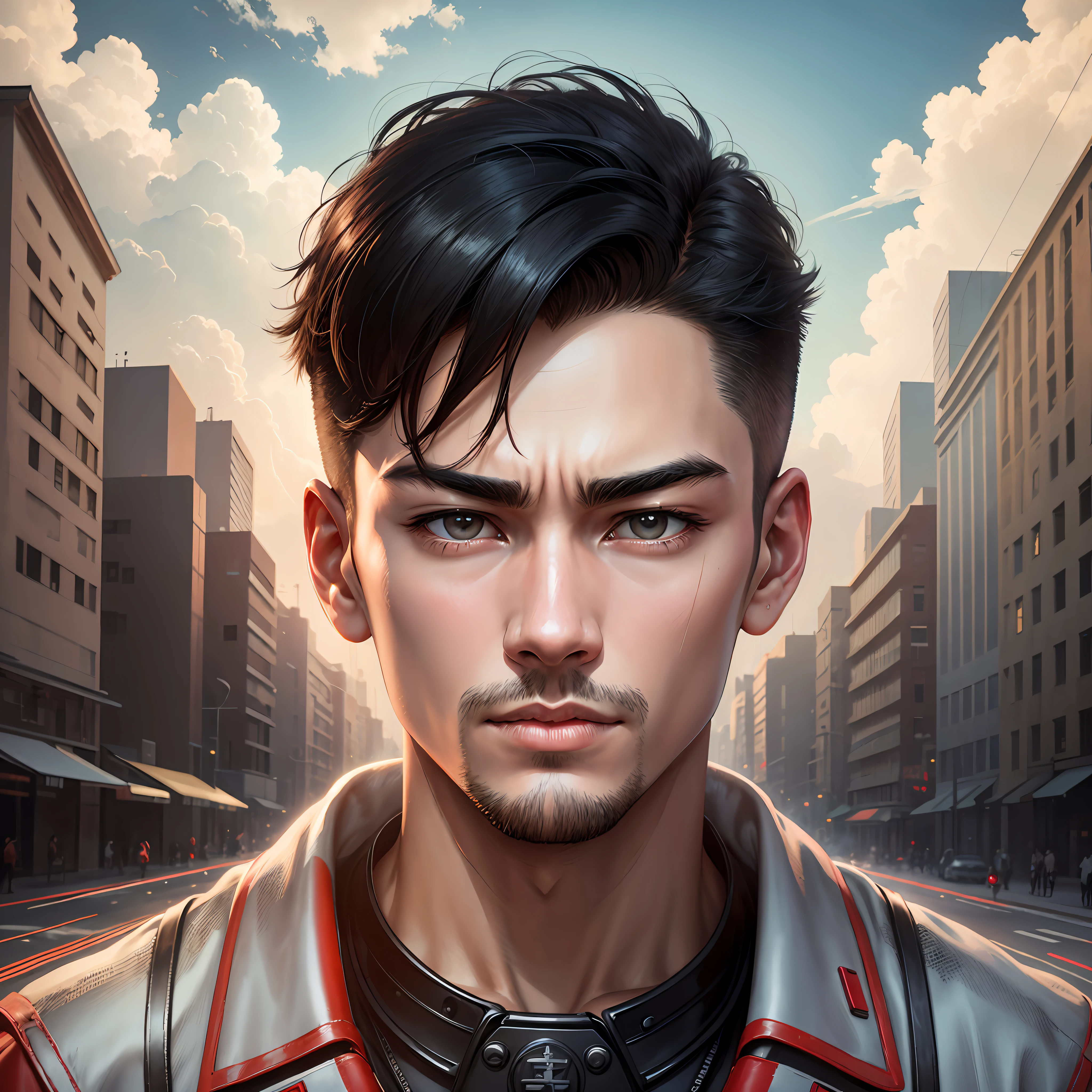 pupil, Male youth, Male facial features in northern China, hansome, Thin eyes, brush cut, Strong facial lines, browjob, CCCP poster, sovietposter, 80s poster, Chinese Commune, communism, black hair, dark eyes, white_gloves, white_space shoes, white_helmet, red neckerchief, The aircraft of the future, Side brilliance, reflection, The sun reflects light, red flag, glossy, Chinese 80s style, diffuse reflection, Metallic texture, The background is factories and schools, Mecha style, high, glorious, satellite, Surrealism,, closeup, ultra HD, Masterpieces, High Detailed, award-winning, high-quality, determined, raised eyebrow, buzz cut, futurism, cinematic lighting, Film grain, super detail --auto --s2