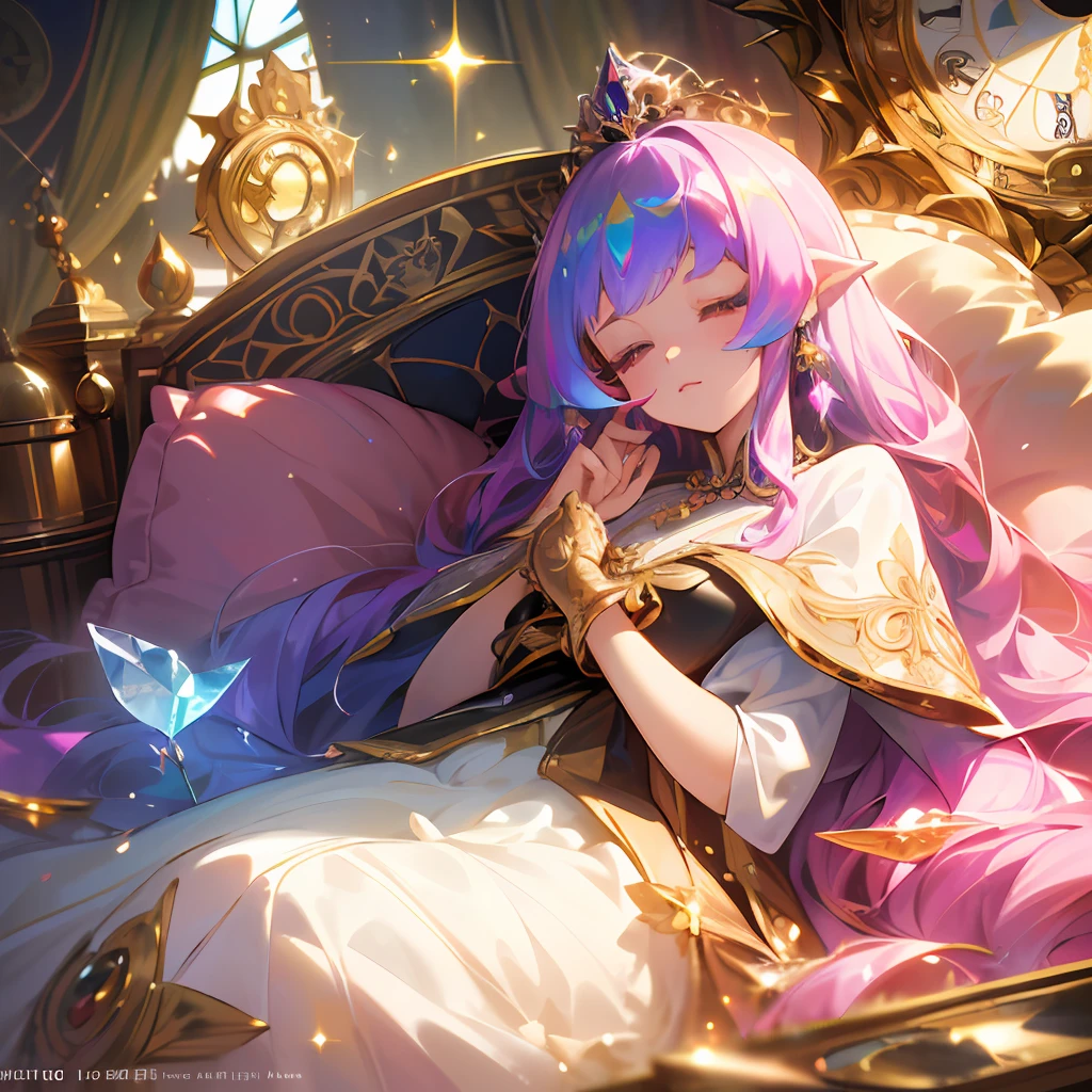1girl, ((cinematic light)), colorful, super detail, dramatic light, intricate details, best quality, (very detailed CG uniform 8k wallpaper, masterpiece, best quality, super detailed, best shadow), (detailed background: 1.4) , (beautiful detailed face, beautiful detailed neck), high contrast, (best lighting, extremely delicate and beautiful), (girl: 1.6), top lens, masterpiece, ((best quality))) ((((perfect quality) )), ((highly detailed eyelashes)))), ((((high detail)))), (perfect full body top-down)), (perfect body proportions) ), both eyes alike, smooth, (((((perfect two-dimensional beautiful girl))))), (extremely detailed 8K)))), high resolution, super quality, glare, iridescent colors, global illumination, real hair movement, realistic lighting, realistic shadows, perfect quality, Detailed shadows and lighting, anime style, ((FANTASY)), ((MAGIC)), 3D, ((HIPER quality)), (2K,3K,5K,6K, 7K, 8K,))), ((detailed, good quality)) (surrounded by thorns)))), (((very long hair)), ((kawaii), (close eyes)))), ((kawaii eyes)) (kawaii eyes)) (( Princess)))), (((Princess crown))), ((((Long Detail Shimmer Rainbow Colorful Feather Crystal Princess Dress)))), (LONG BIG RAINBOW COLORFULL) ((SHINY CRYSTAL SHOES)), ((GOLD ORNAMENTS, GOLD EARRINGS, FLOWER ORNAMENTS, PEARL ORNAMENTS)) , ((SAD EXPRESSIONS), ((SHINES, SPARKLES)), GOLD, (( sparkles)), ((ornate pillows)), (feather pillows) LAKE, BRIDGE, ((((CLOCK))))) , (BLUE CRYSTAL HAIR ORNAMENT))), (((CURLED UP SLEEPING POSITION))), (((BROKEN WALL)))) (CASTLE RUINS))))) --auto --s2