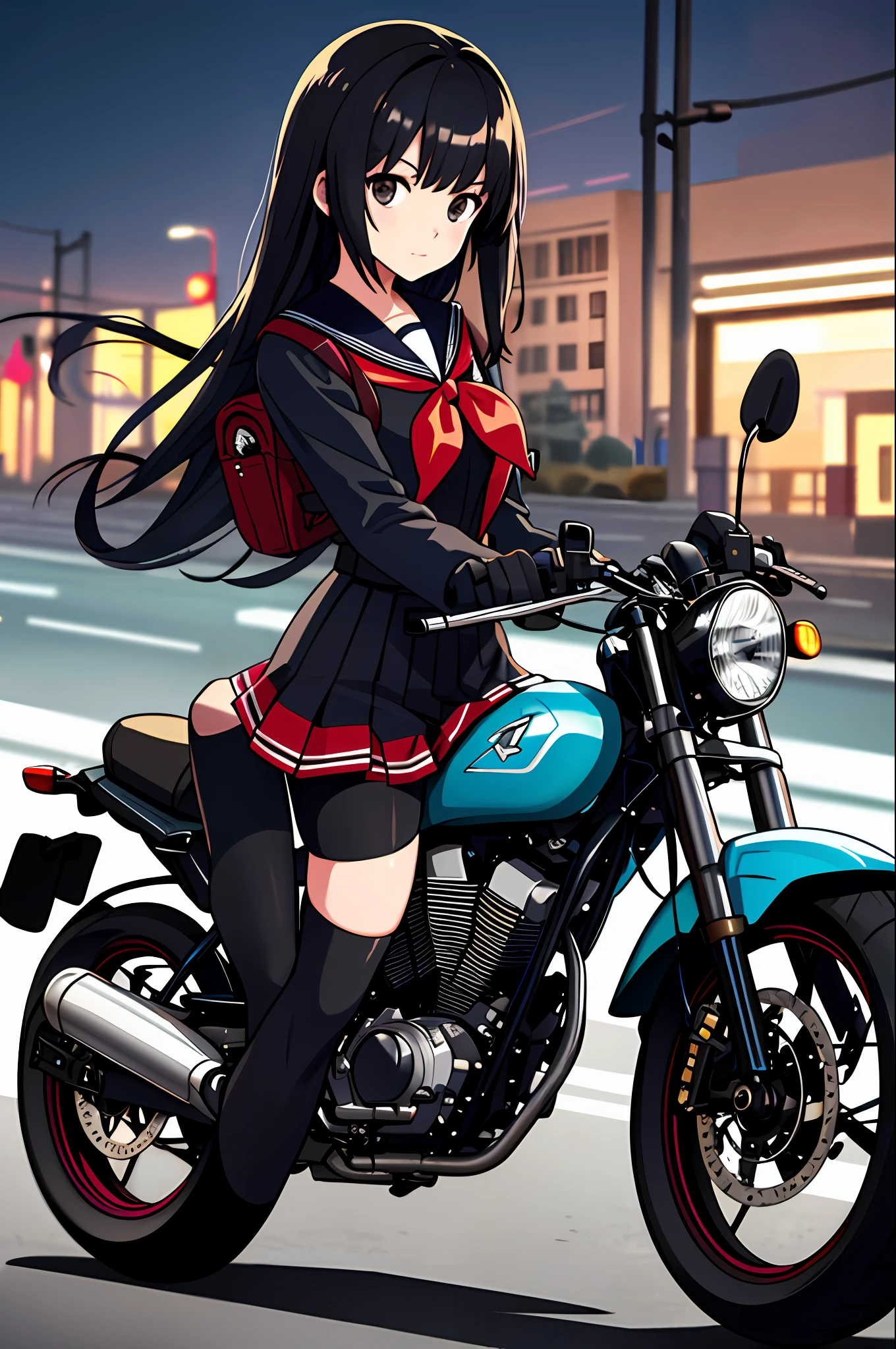 masterpiece, best quality, 1girl, solo, jacket, school uniform, serafuku, thighhighs, wearing gloves, wearing backpack, black hair, black eyes, cyberpunk, street, machinery, motor vehicle, motorcycle, panorama, wearing helmet, speed line, depth of field, motion blur, perspective, panorama, riding, floating hair, night, neon trim, hand on hand grip,