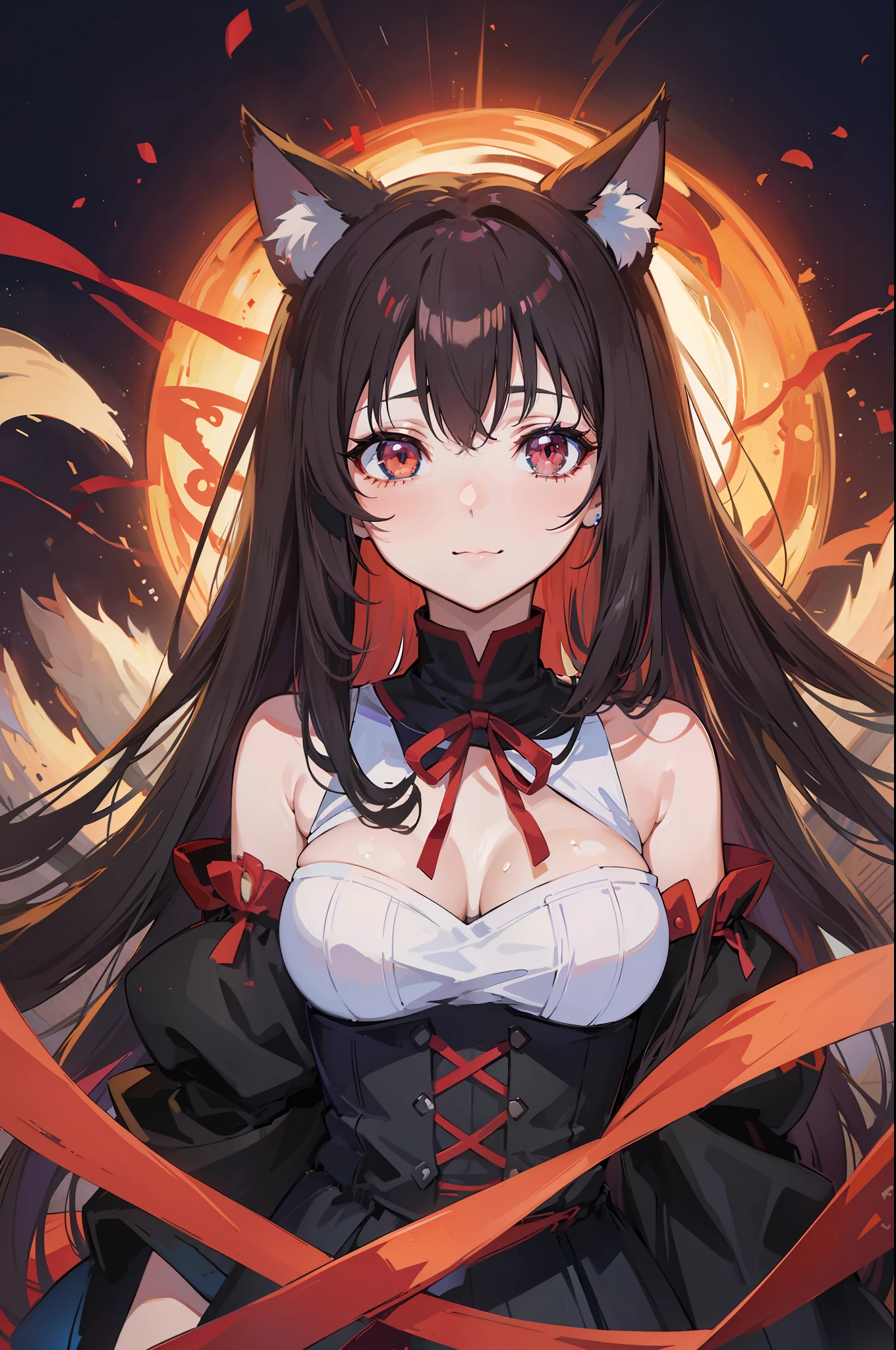((Best Quality, 8K)) Anime Girl with Long Hair and Cat Ears, Rin Tosaka, Anime Moe Art Style, Anime Style Like Fate/stay night, Long Hair Anime Girl, Very Cute Anime Girl Face, Nightcore, From Girl Frontline, Cute Anime Girl Portrait, Anime Girl with Cat Ears, High Quality Anime Art Style, Beautiful anime woman red ribbon in hair smile bewitching