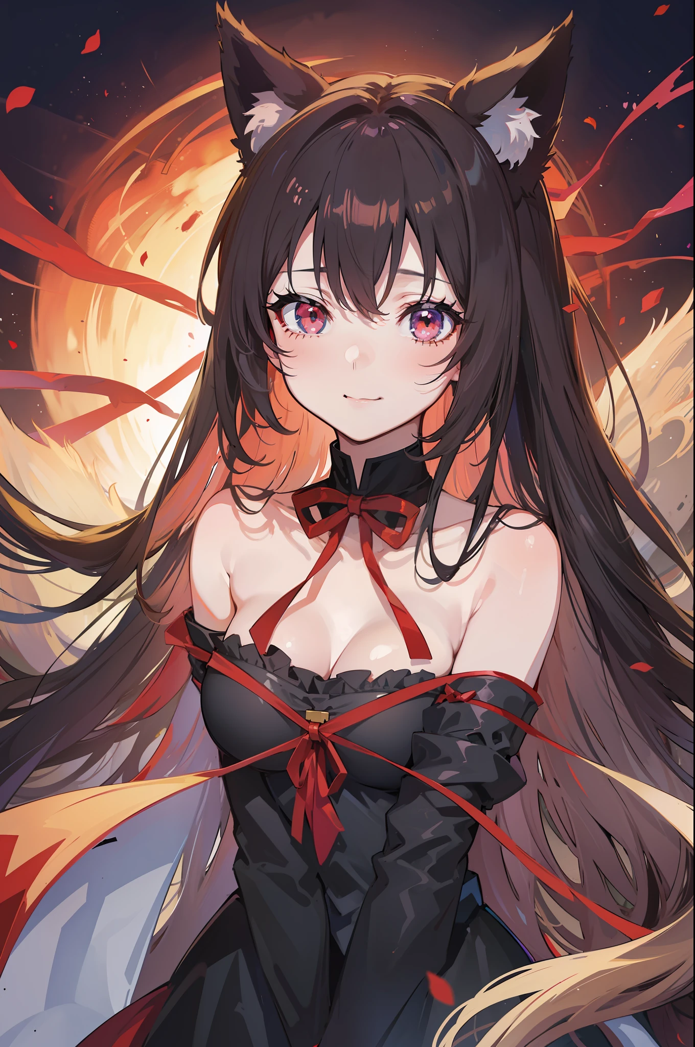 ((Best Quality, 8K)) Anime Girl with Long Hair and Cat Ears, Rin Tosaka, Anime Moe Art Style, Anime Style Like Fate/stay night, Long Hair Anime Girl, Very Cute Anime Girl Face, Nightcore, From Girl Frontline, Cute Anime Girl Portrait, Anime Girl with Cat Ears, High Quality Anime Art Style, Beautiful anime woman red ribbon in hair smile bewitching