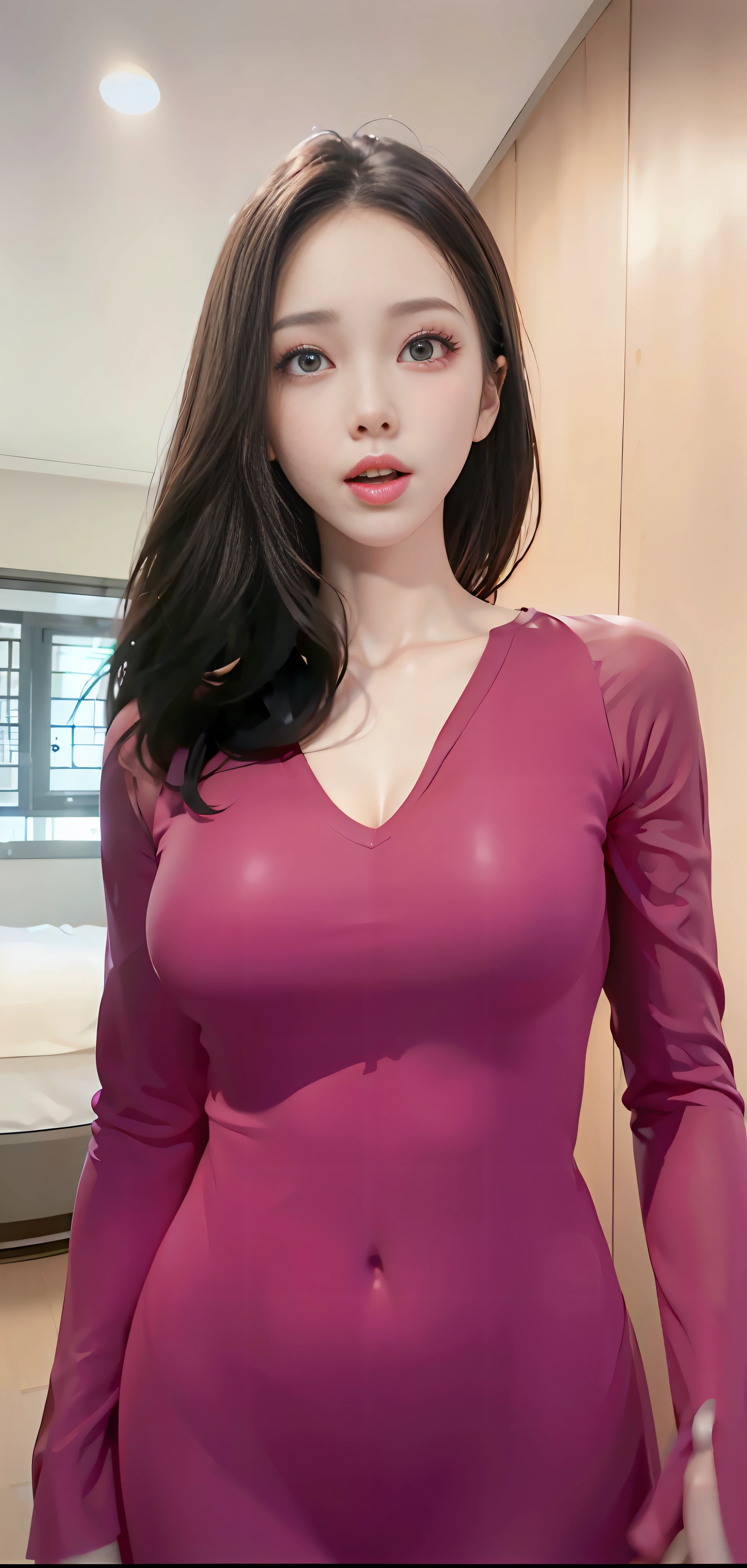 a close up of a woman in a pink dress standing in a room, purple top, tight shirt, wearing tight shirt, gorgeous young korean woman, (38 years old), busty, beautiful south korean woman, korean girl, open v chest clothes, 1 8 yo, attractive neck, wearing tight simple clothes, sie  masterpiece, superdeformed, full body: 1.2, ultra high res, RAW photo, masterpiece, ultra detailed, 8k, full detailed hair, highres, best quality, ultra high res, ultra detailed face and eyes, (photorealistic:1.4), looking at viewer, smiling, cute,  (ray tracing:1.4), (long legs:1.4), Best quality , masterpiece, large hip, Fully facial detailed, beautiful, ((very detailed of hair )) , (((18 years old))), thin lips, big eyes, highres, seducing, blue eyes , slim waist, 8k, 16k, highres,
karol bak uhd, inspired by hajime sorayama, , tight dress, korean woman,