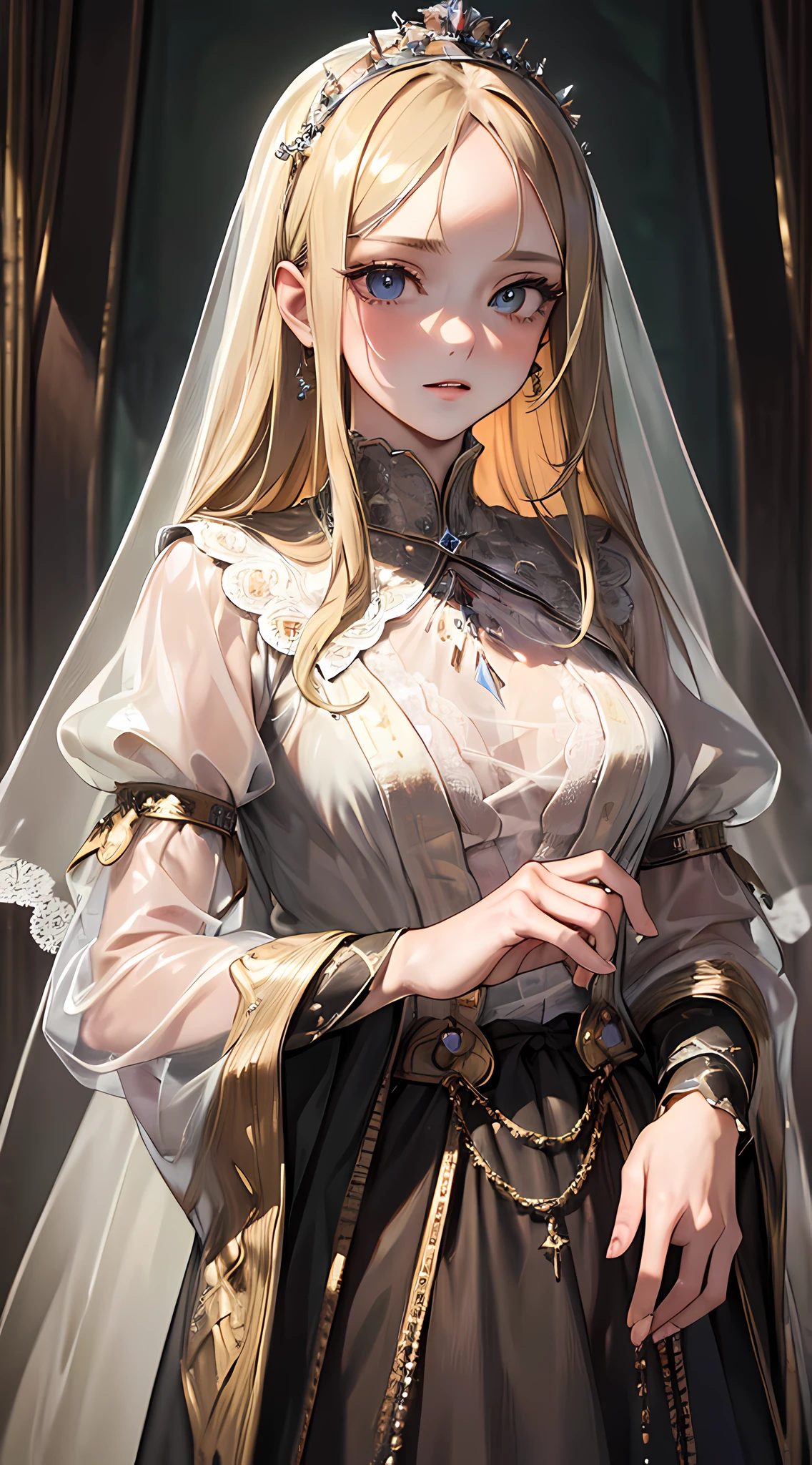 (masterpiece, best quality:1.5), official art, raw photo, incredibly absurdres, medieval, upper body, princess, veil, see-through, (decorative, shiny:0.8), blonde hair, ultra realistic, highres, photography, sharp focus, highest detailed, extreme detailed, ultra detailed, finely detail, extremely detailed eyes and face, sharp pupils, realistic pupils