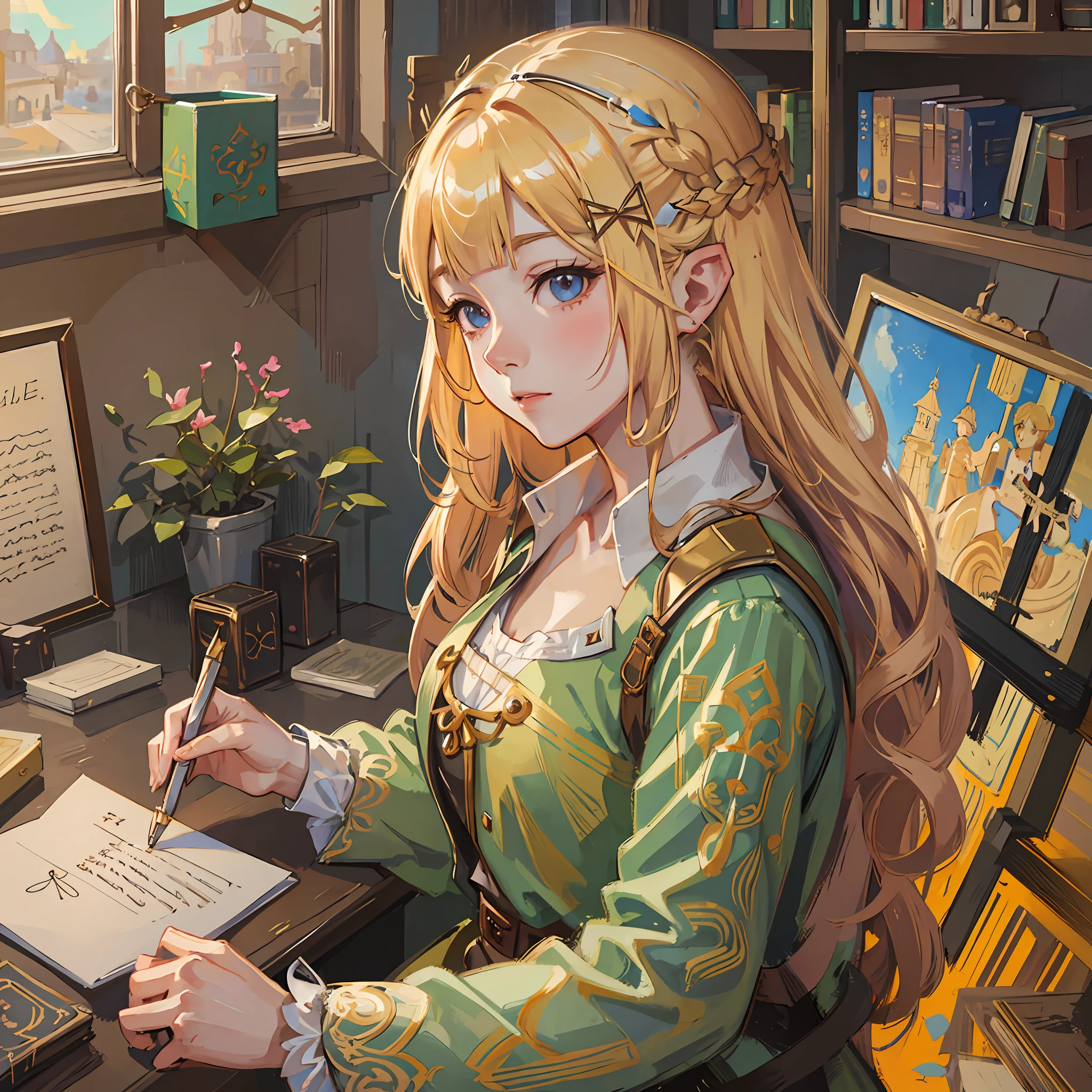 a painting of a woman sitting at a desk, a detailed painting, by Cynthia Sheppard, fantasy art, blonde anime girl with long hair, writing a letter, shining golden hour, portrait of princess zelda, jinyoung shin art, 4 k detail fantasy, over-detailed art, krenz cushart and wenjun lin, promo art, magical notes, atelier lulua