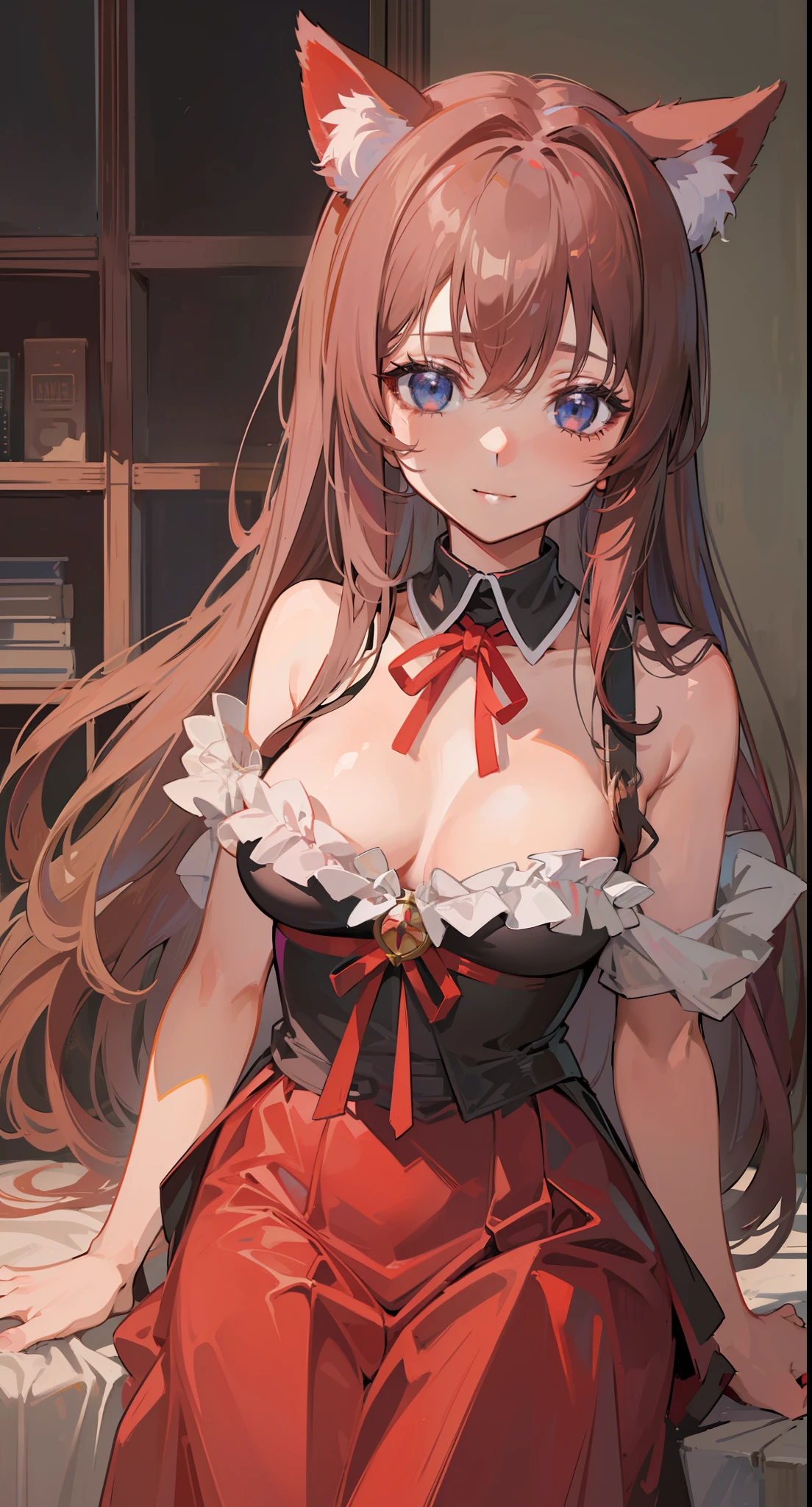 ((Best Quality, 8K)) Anime Girl with Long Hair and Cat Ears, Rin Tosaka, Anime Moe Art Style, Anime Style Like Fate/stay night, Long Hair Anime Girl, Very Cute Anime Girl Face, Nightcore, From Girl Frontline, Cute Anime Girl Portrait, Anime Girl with Cat Ears, High Quality Anime Art Style, Beautiful anime woman red ribbon in hair smile red dress