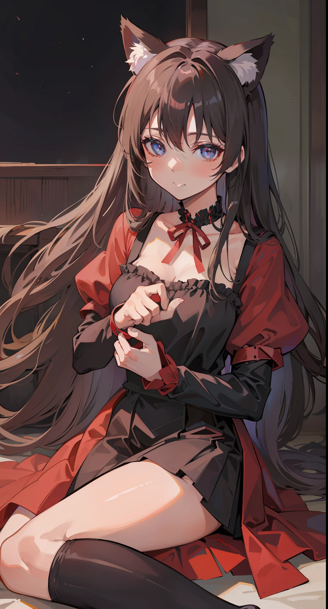 ((Best Quality, 8K)) Anime Girl with Long Hair and Cat Ears, Rin Tosaka, Anime Moe Art Style, Anime Style Like Fate/stay night, Long Hair Anime Girl, Very Cute Anime Girl Face, Nightcore, From Girl Frontline, Cute Anime Girl Portrait, Anime Girl with Cat Ears, High Quality Anime Art Style, Beautiful anime woman red ribbon in hair smile red dress