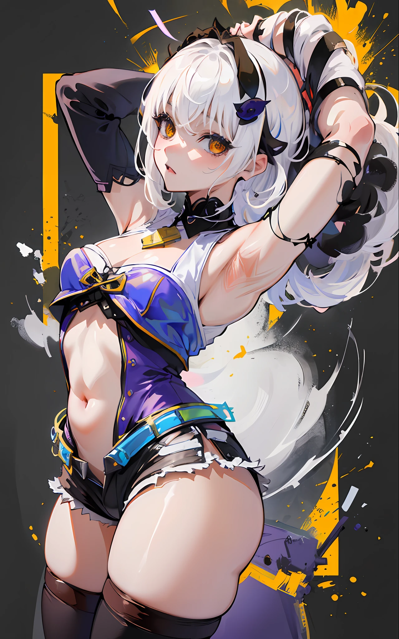 Masterpiece, Short Shorts, Masterpiece, Best Quality, Highres, Dark Persona, Watercolor Painting Theme, (Looking at the Viewer: 1.1), Wide Hips, Big Ass, Standing, Bending Over, Tojou Koneko, Yellow Eyes, White Hair, Short Hair, Hair Ornament, White Shirt, Black Neck Ribbon, Belly Tattoo