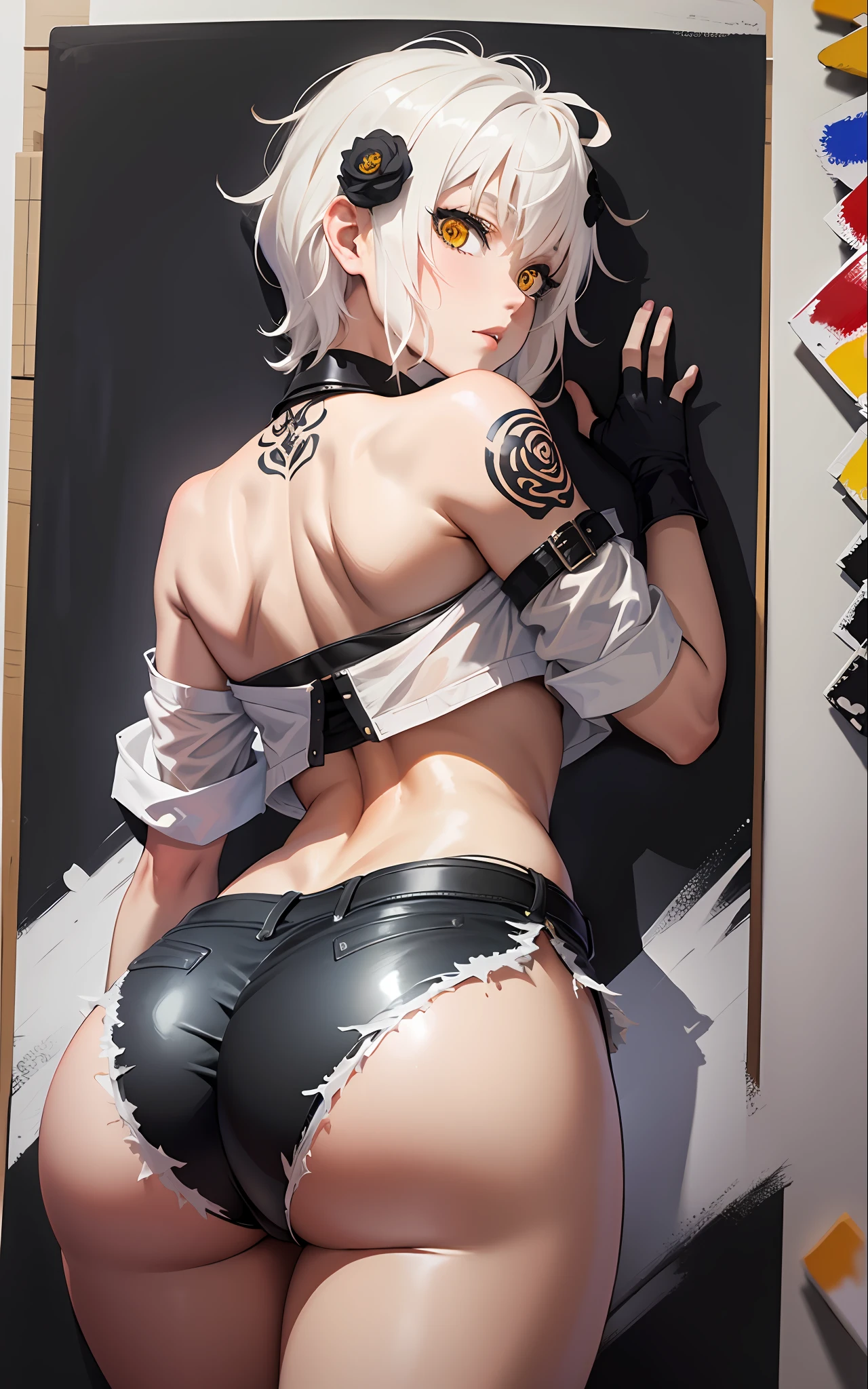 masterpiece, short shorts, masterpiece, best quality, highres, dark persona, watercolor painting theme, (looking at the viewer: 1.1), wide hips, big ass, standing, bent, tojou koneko, yellow eyes, white hair, short hair, hair ornament, white shirt, black ribbon on the neck, tattoo on the abdomen, lust tattoo,