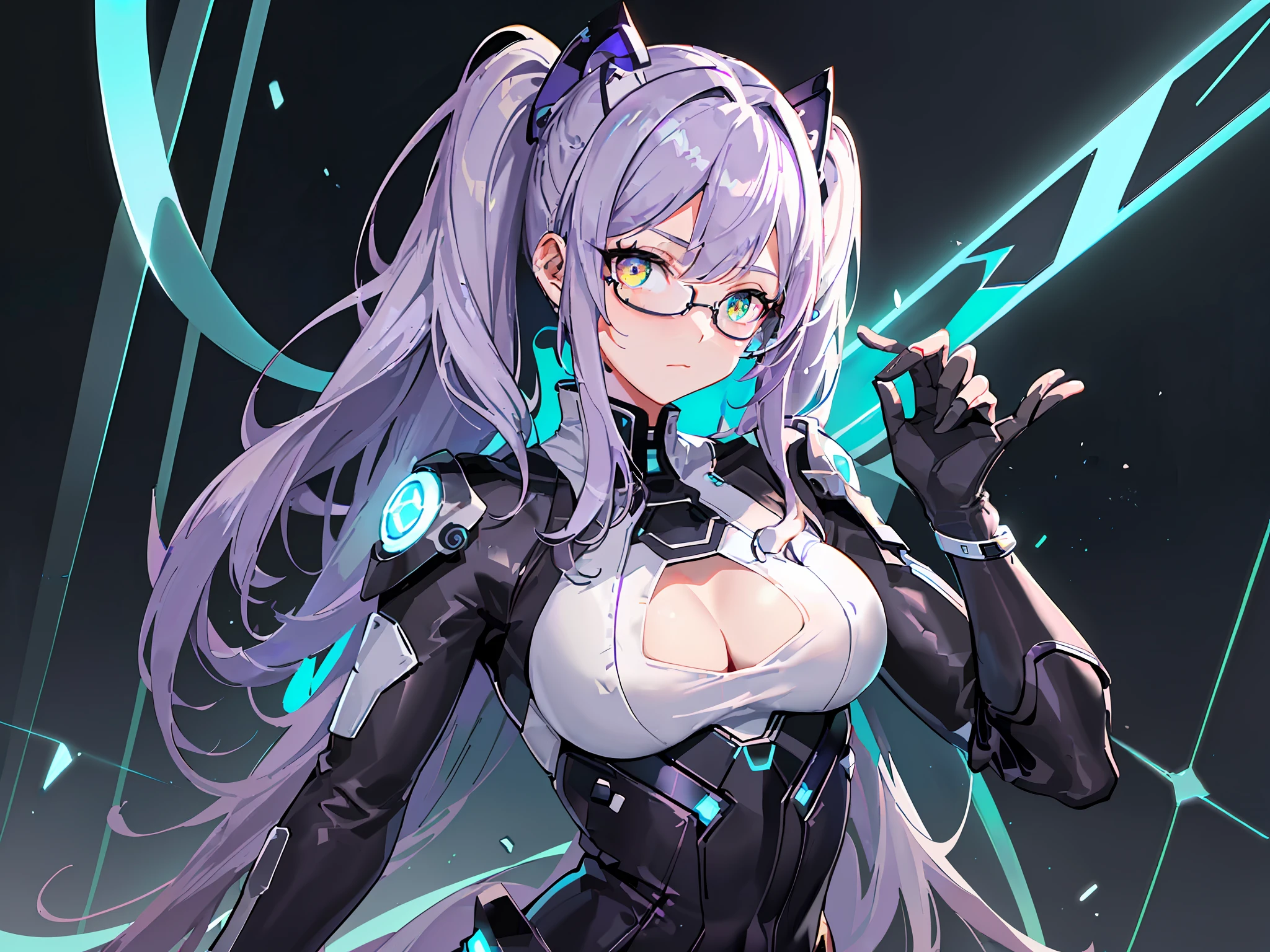 ({best quality}, {{masterpiece}},, {highres}),extremely detailed 8K wallpaper,(solo,1female),19 years old,well_developed curves,curvaceous_body,d_cup_breasts,huntress,heroine,hourglass_figure,perspective,beautiful_face,diamond_shaped_face,mature_face,next to viewer,streamline_outfits,smooth_face,high_quality_outfits,futuristic_outfits,silght_blush,Honkai_Art,character_splash_art.
Full detailed face,diamond_shaped face,(vivid,detailed deep purple hair color,full violet hair,indigo hair,pure purple hair,waist-length (flowy long high-position twintails),base tied with white headdress,glowing hair tips,flowy,detailed,purple bangs)((((purple_hair_color)))),(two strands of glowing violet hair framing face)
(two pairs of white blade-shaped electronic headdress, attached to each side of forehead,futuristic,symmeric,pointing backwards,edged,radio_ antennae),white mechatronic circlet around forehead,((amber iris,white earpods,white cross-shaped pupil,full detail eyes,vigilant gaze,sharp eyes,upturned eyes shape,amber eye shadow,)),((((golden eyes and iris)))),aqua eyeshadow,aqua hexagon shaped locket on breast,(aqua goggle glasses,aqua semi-transparent lens,rectangular frame)
((Black and white mechanic electronic battlesuit,cling to body curves,detailed,futuristic)),(black long gloves,detailed hands),(white tippets),(white protective shoulder guards on both shoulders,streamlined,aqua trim),black long sleeves,white elastic tanktop around ample breasts,white electronic arm bracers,(pitch black armored corsets around waist,fit to body curves,aqua widgets,one aqua stripe beneath breast,black zipper,aqua sidelines),aqua goggle glasses with aqua lens,white elbow pads,(white electronic pantyhose,aqua trimmings,segmented,soild),(two white holsters on each side of hips,detailed),(white mechanic waistbands,silver buckle),(white mechatronic tassets,minor aqua sidelines,soild,triangle,covering waist),(white thick pantyhose,aqua hexagon patterns along left leg,white gadget holsters on