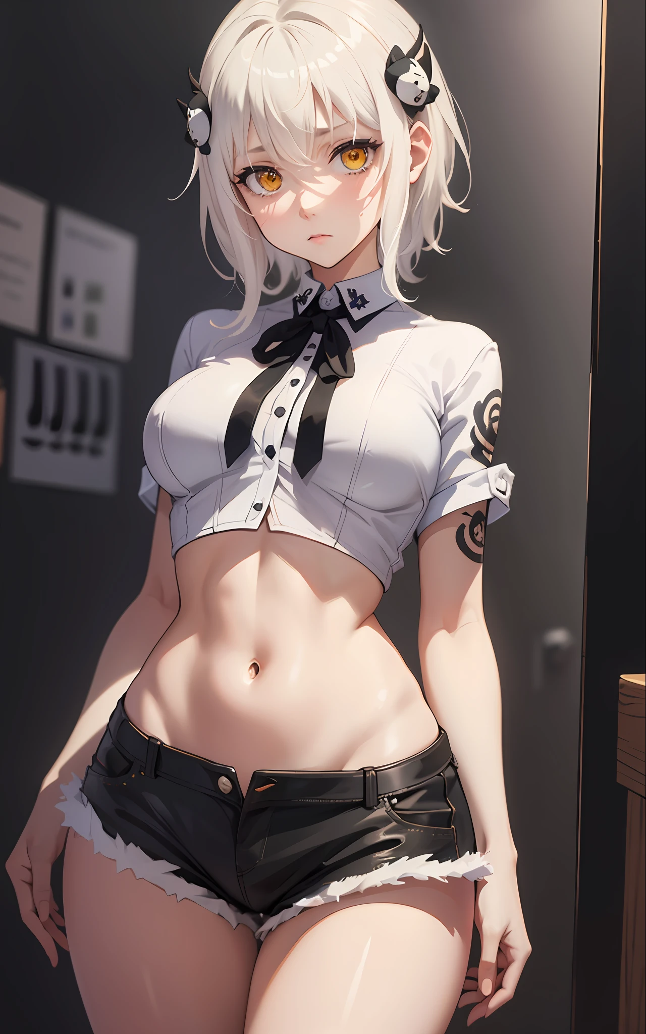 masterpiece, short shorts, masterpiece, best quality, highres, dark persona, watercolor painting theme, (looking at the viewer: 1.1), wide hips, big ass, standing, bent, tojou koneko, yellow eyes, white hair, short hair, hair ornament, white shirt, black ribbon on the neck, tattoo on the abdomen, lust tattoo,