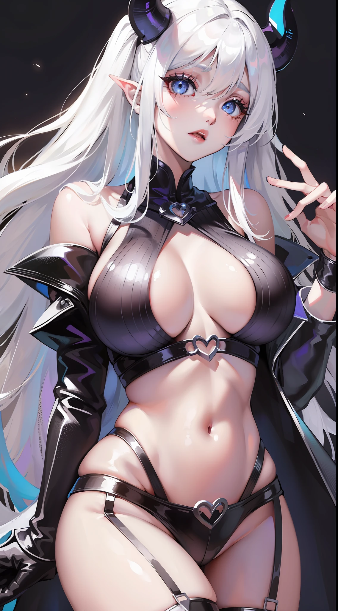 Young girl, long white hair, blue eyes, succubus clothes, open belly, chest neckline, masterpiece, high quality