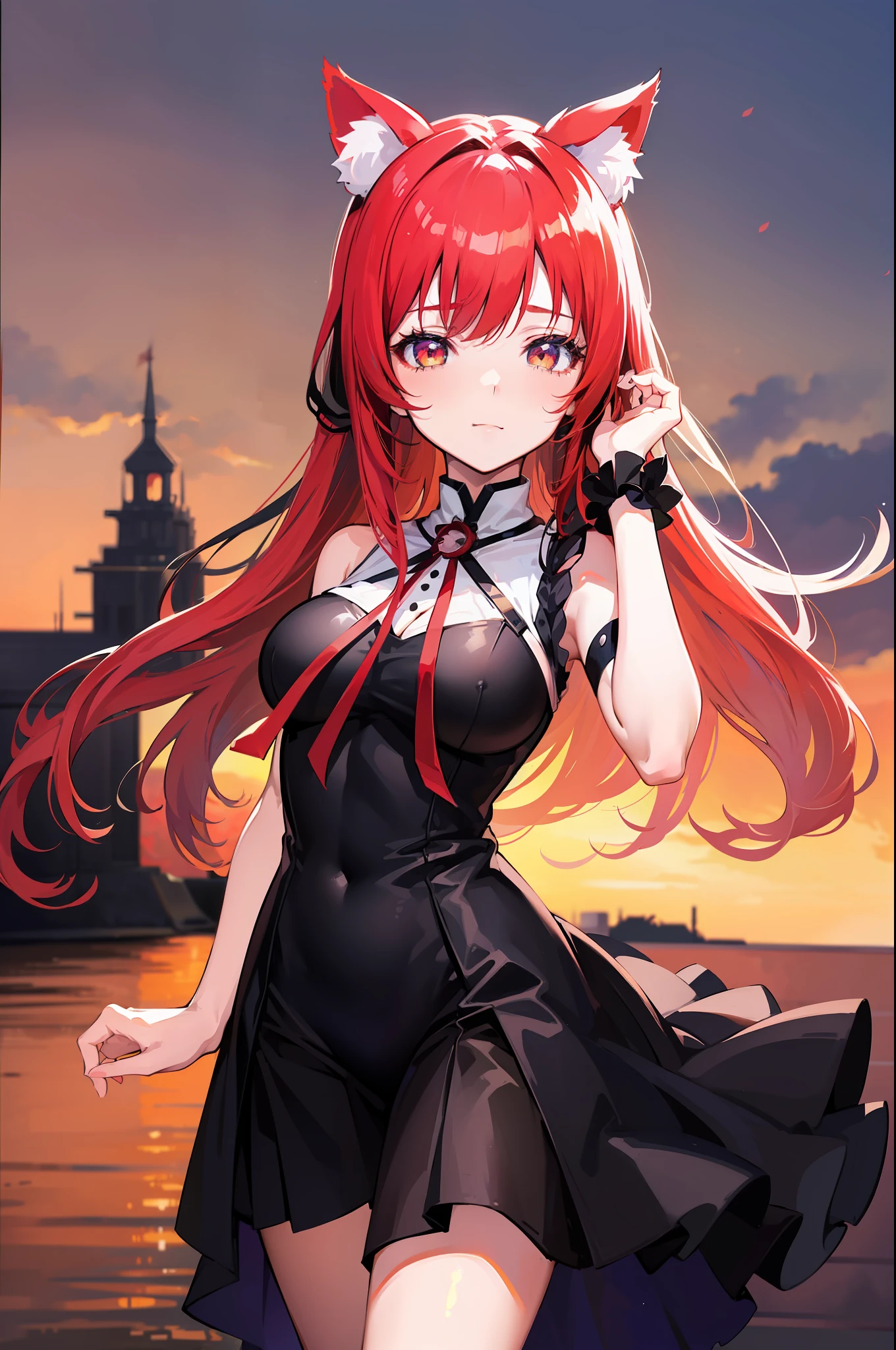 ((Best Quality, 8K)) Anime Girl with Long Hair and Cat Ears, Rin Tosaka, Anime Moe Art Style, Anime Style Like Fate/stay night, Long Hair Anime Girl, Very Cute Anime Girl Face, Nightcore, From Girl Frontline, Cute Anime Girl Portrait, Anime Girl with Cat Ears, High Quality Anime Art Style, Beautiful anime woman red ribbon in hair smile