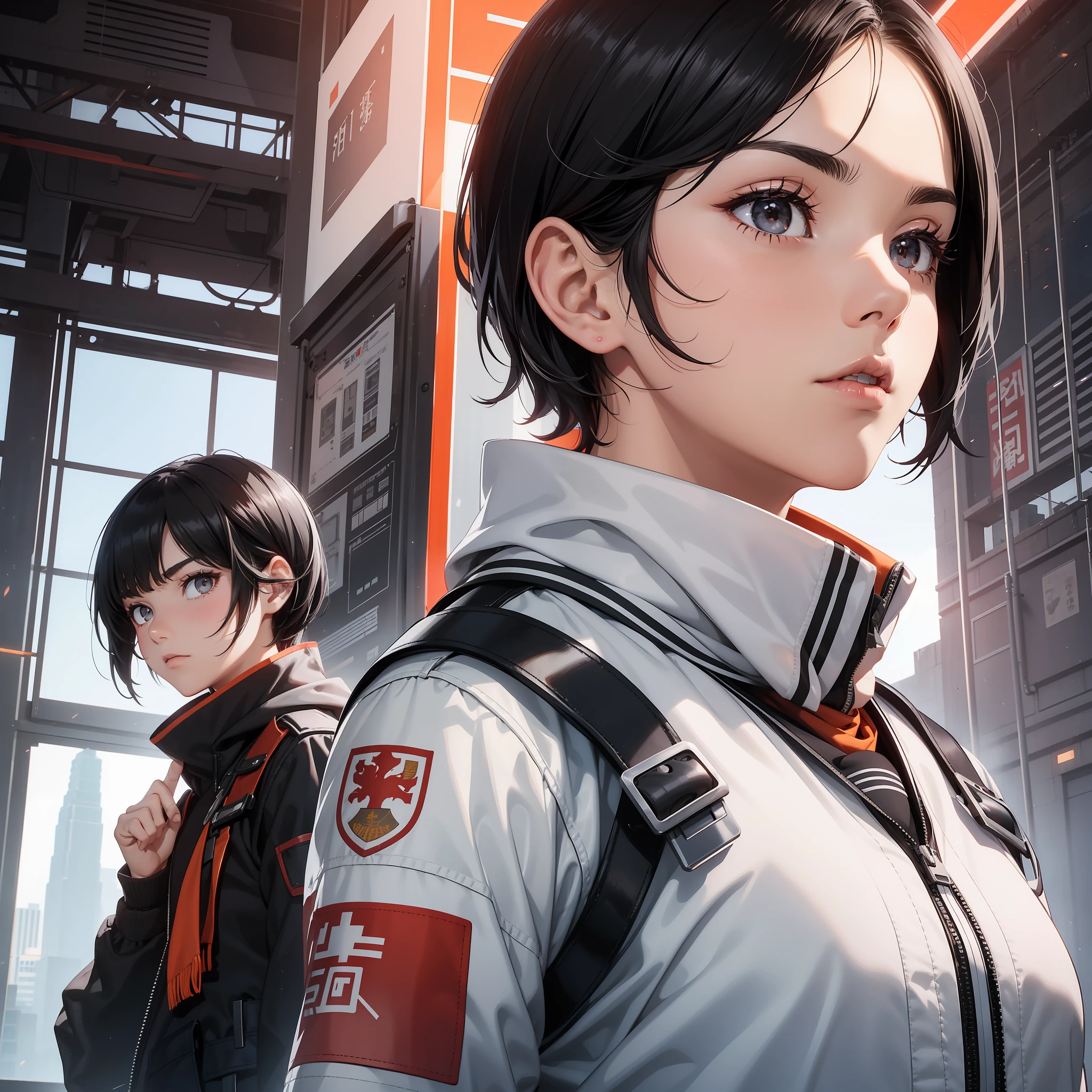 Black pupils, single poster, male youth, northern male facial features, eyes, short hair, flat head, round inch, straight hair, tough face line, eyebrows, 80s poster, Chinese commune, communism, black hair, black eyes, school uniform: Orange_clothing_body: jumpsuit), white_gloves, white_space shoes, white_helmet, Young Pioneers red scarf, futuristic aircraft, Side light, reflection, campus clock in the upper right corner of the screen, behind the characters is a ground-attached aircraft, sun reflected light, silver metal, red flag, brilliance, Chinese 80s style, diffuse reflection, metallic texture, the vista is a factory school, mecha style, high-profile, imposing