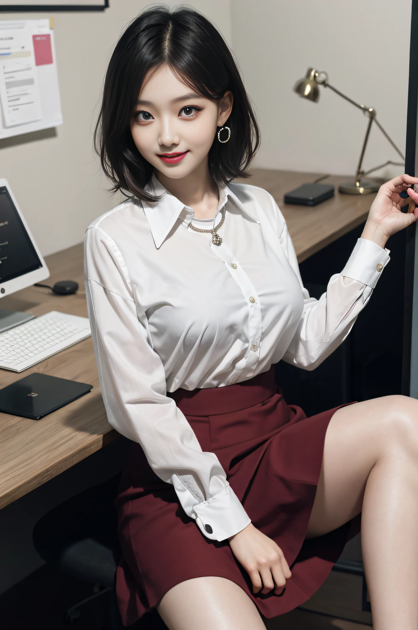 8K RAW Photos, High Resolution, 14 Years Old Korean, Very Big Round Breasts, Ribbons, Formal Shirt, Formal Skirt, Very Thin Mouth, Duck Mouth, Grinning,, Bossy Pose, Beautiful Eyes in Detail, Long Eyelashes, Beautiful Double Eyelids, Eye Shadow, Long Eyes, Sanpaku Eyes, Beautiful Thin Legs, Necklace, Earrings, Short Hair, Big desk of president of large company, office of large company