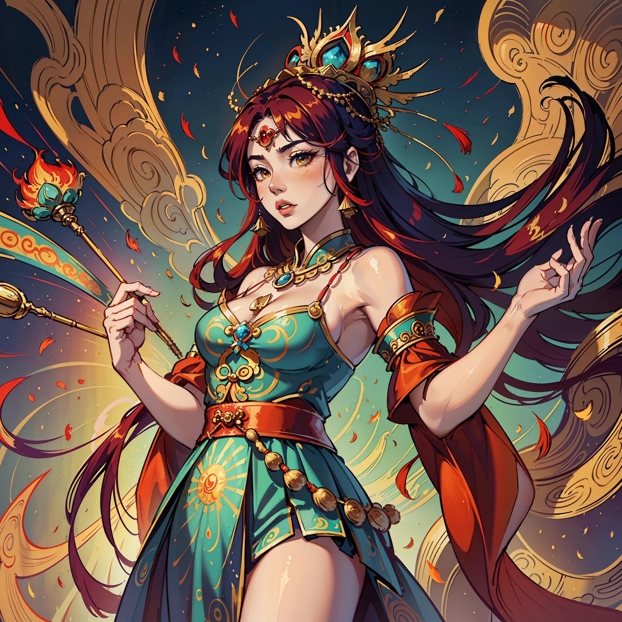 (beautiful description, high gorgeousness, Tang Dynasty style), (peacock skirt, tassels: 1.3, streamers, red: 1.2), (phoenix crown, gold silk, gorgeous and gorgeous), (standing, conspicuous angle), (light and shadow embodiment, blurring effect), (painting style imitation: Tang Dynasty style), (no character description) --auto --s2