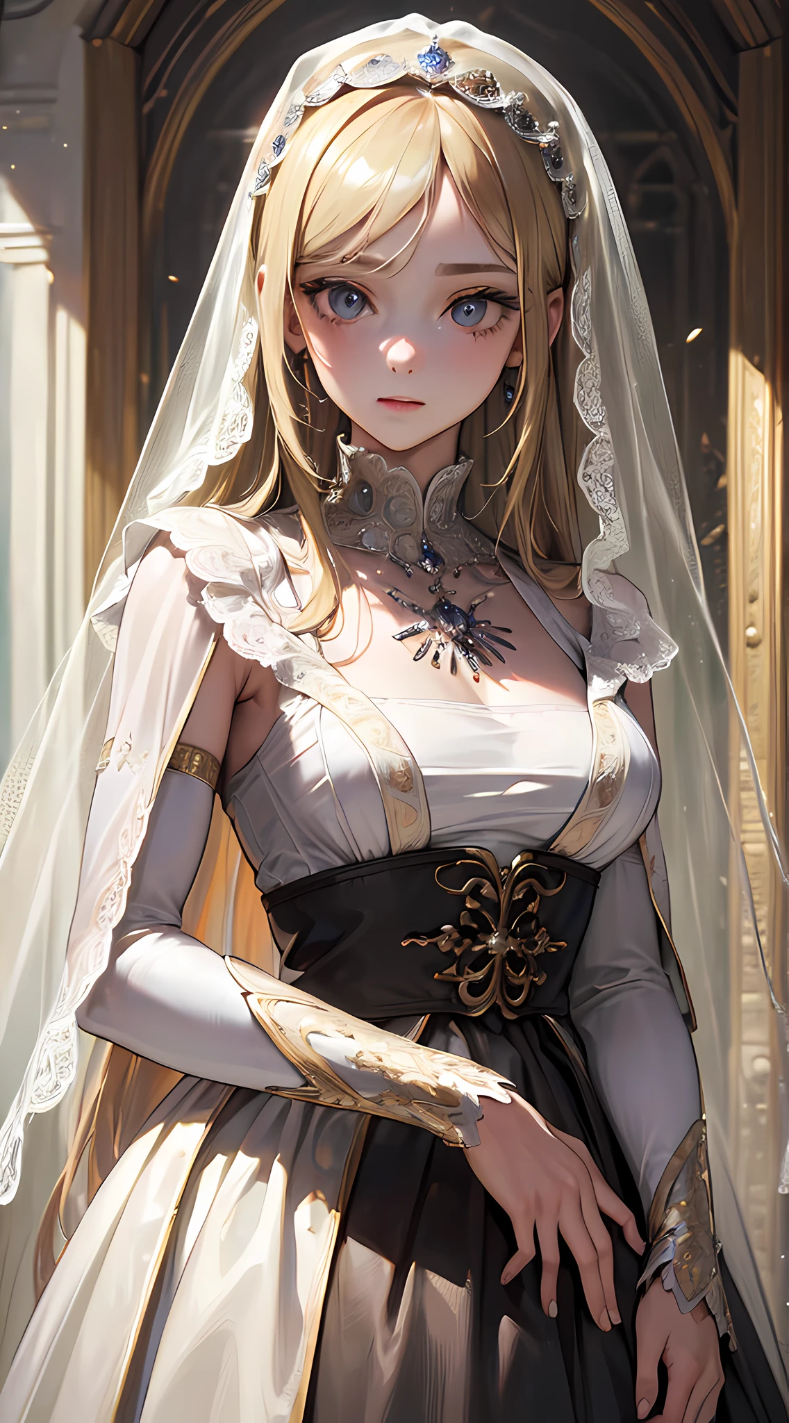 (masterpiece, best quality:1.5), official art, raw photo, incredibly absurdres, medieval, upper body, princess, veil, see-through, (decorative, shiny:0.8), blonde hair, ultra realistic, highres, photography, sharp focus, highest detailed, extreme detailed, ultra detailed, finely detail, extremely detailed eyes and face, sharp pupils, realistic pupils