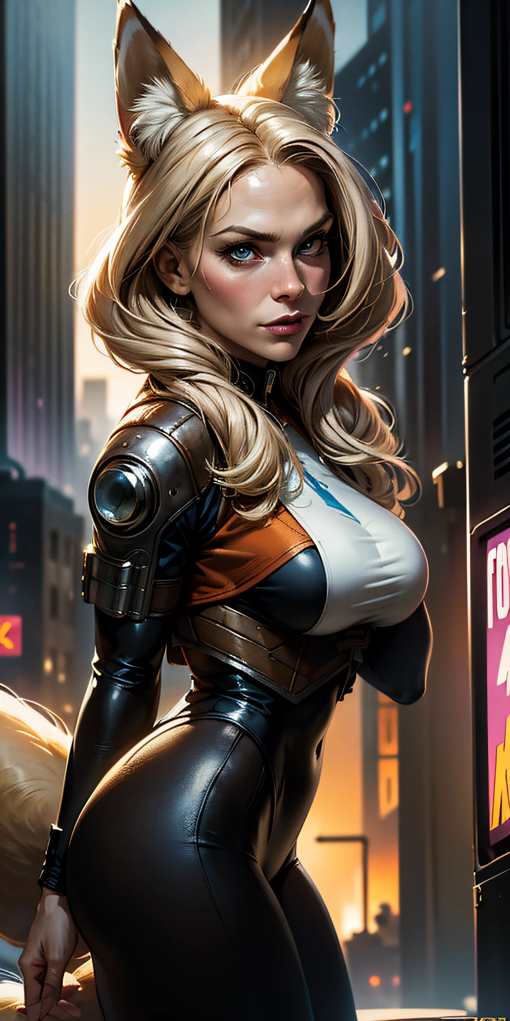 a portrait (((A European woman and medium blonde hair with light-colored fox tail))) in superhero pose, American World War II poster, Gil Elvgren style, WLOP, Artgerm ((Poster style)) ((wearing cyberpunk tech style clothes)) (city in the background) ((woman in cyberpunk outfit)) detailed clothing, Small breasts, snow, 1 girl, solo, poster design,  poster art style. 1980s, 1950s, 1960s, 1940s, basic color scheme, very colorful poster, colorful art, third rule, dynamic pose, woman, 1 25-year-old girl, looking at the viewer, blurred background, blue eyes