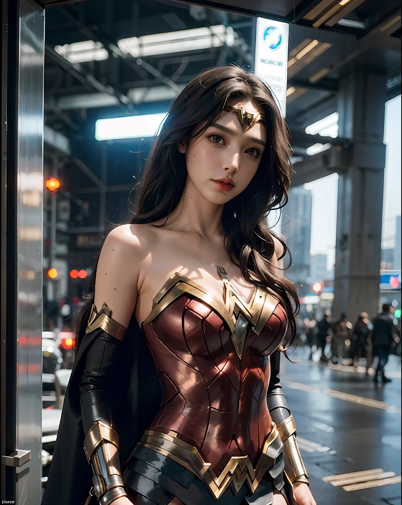 Gal Gadot Beautiful woman long hair, cybernetic wonder woman costume, big breasts looking for camera, cyberpunk masterpiece detailed HD, cinematic style.