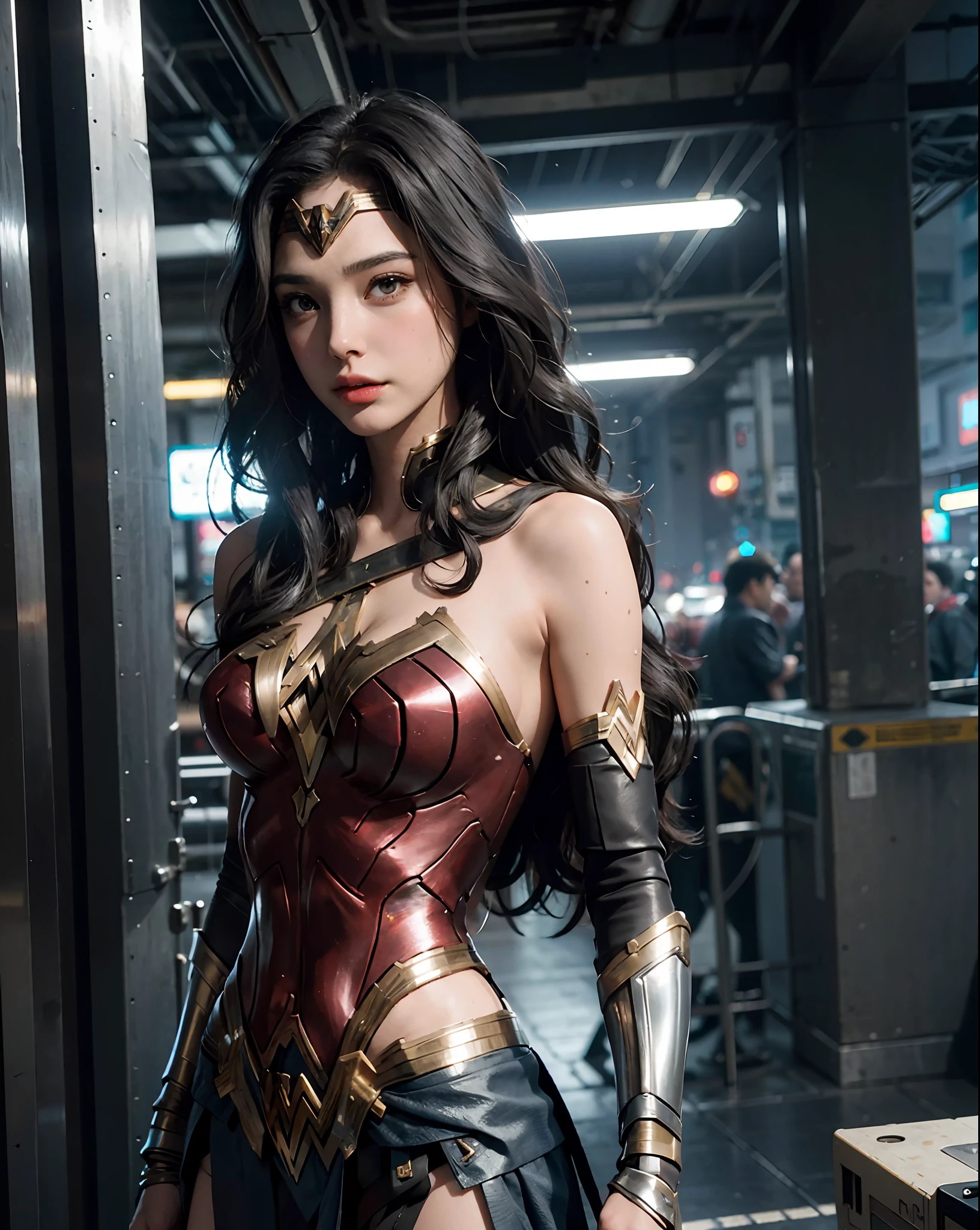 Gal Gadot Beautiful woman long hair, cybernetic wonder woman costume, big breasts looking for camera, cyberpunk masterpiece detailed HD, cinematic style.