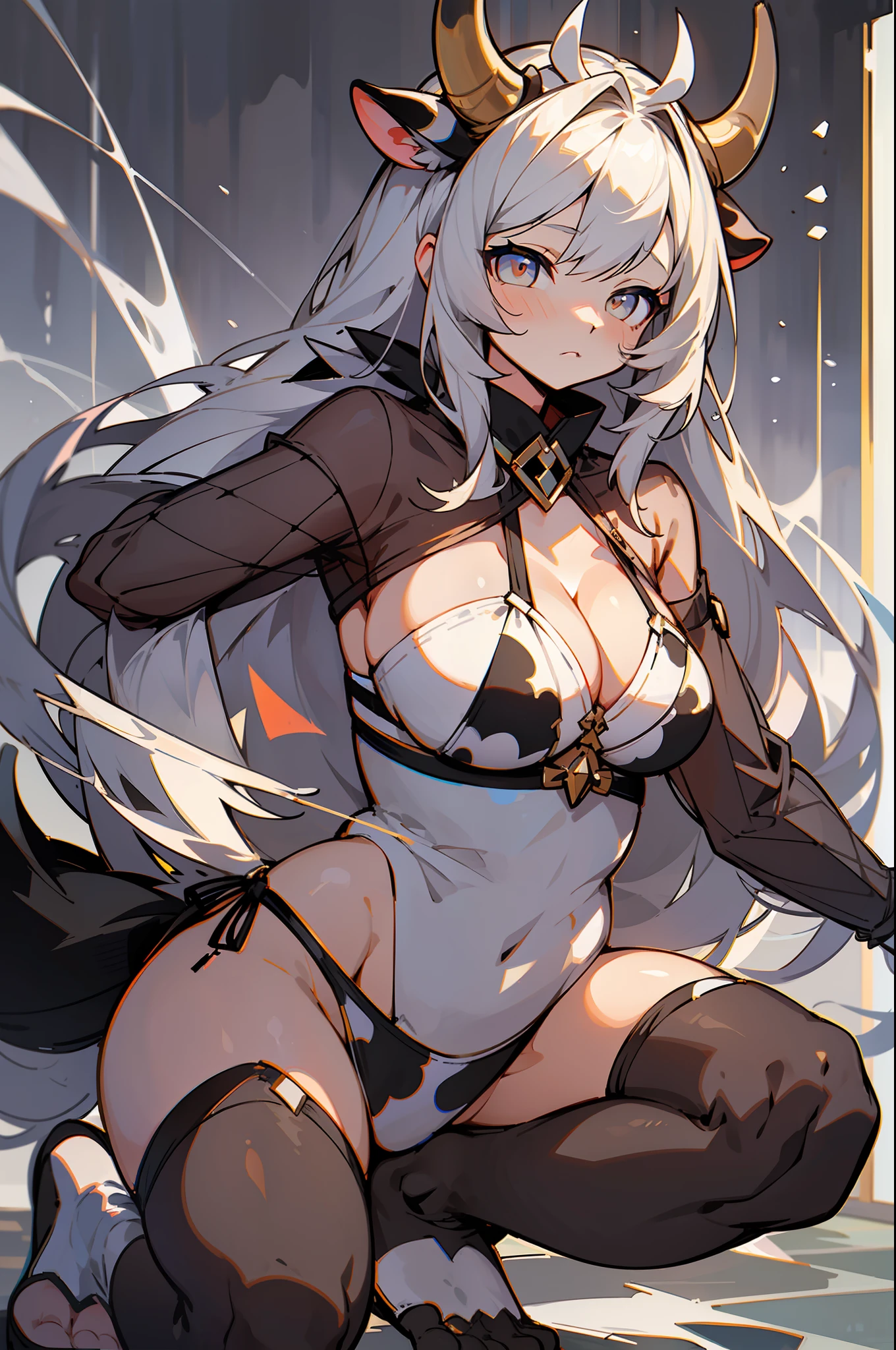 master-piece,hyper quality, hyper detailed,perfect drawing,1 beautiful girl, Holstein pattern bikini, cow ears, cow tail, cow horns, cow legs, cow fingers, hunter's eyes aiming for prey, black and white mesh hair, drooping eyes, height 188cm, three sizes B120W65H95, whiplash, kneeling, pow pause