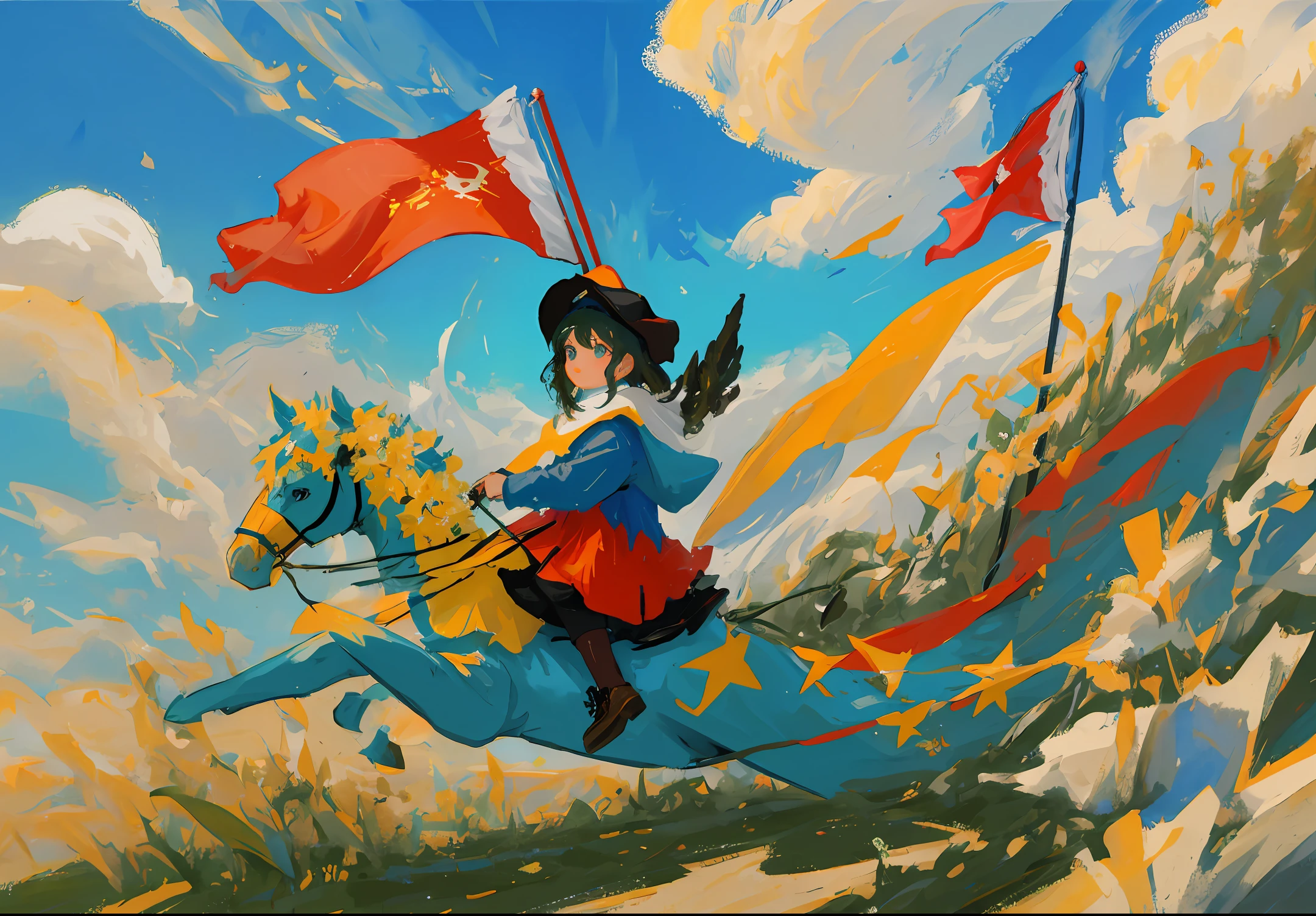 A child is riding a bird and holding a flag in a drawing, oil paint
