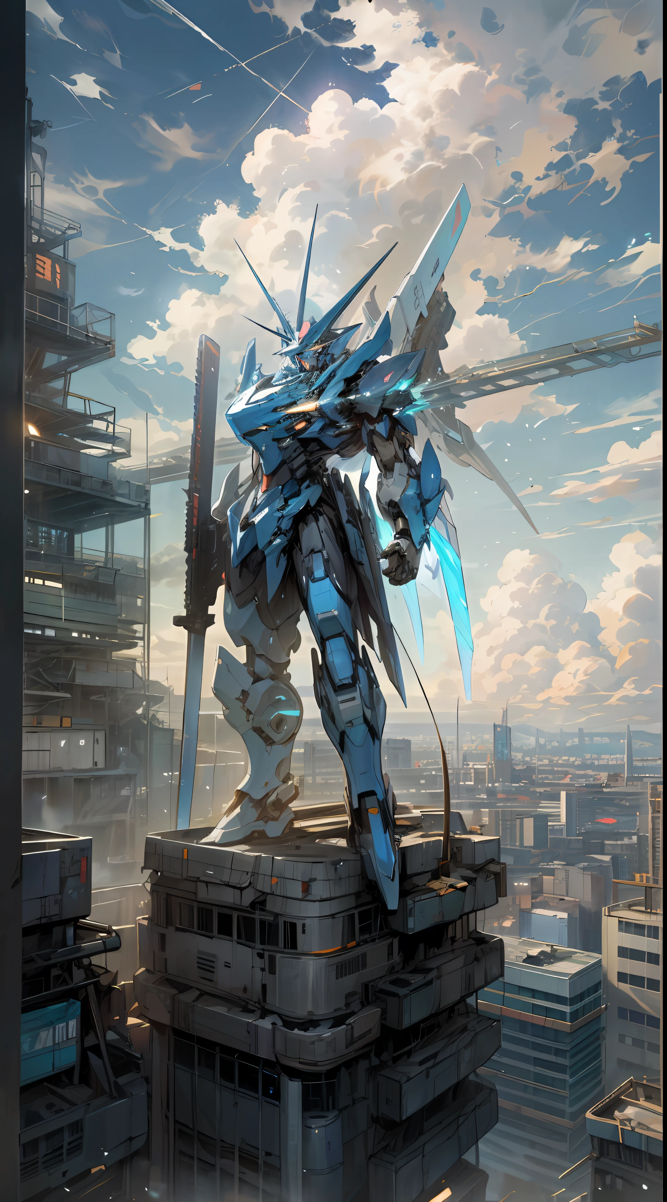 sky, clouds, holding_weapon, no_humans, glowing, a man standing on top of a building, his back to the viewer, looking into the distance, giant robot, building, ruins, glowing_eyes, mecha, science fiction, city, reality, mecha