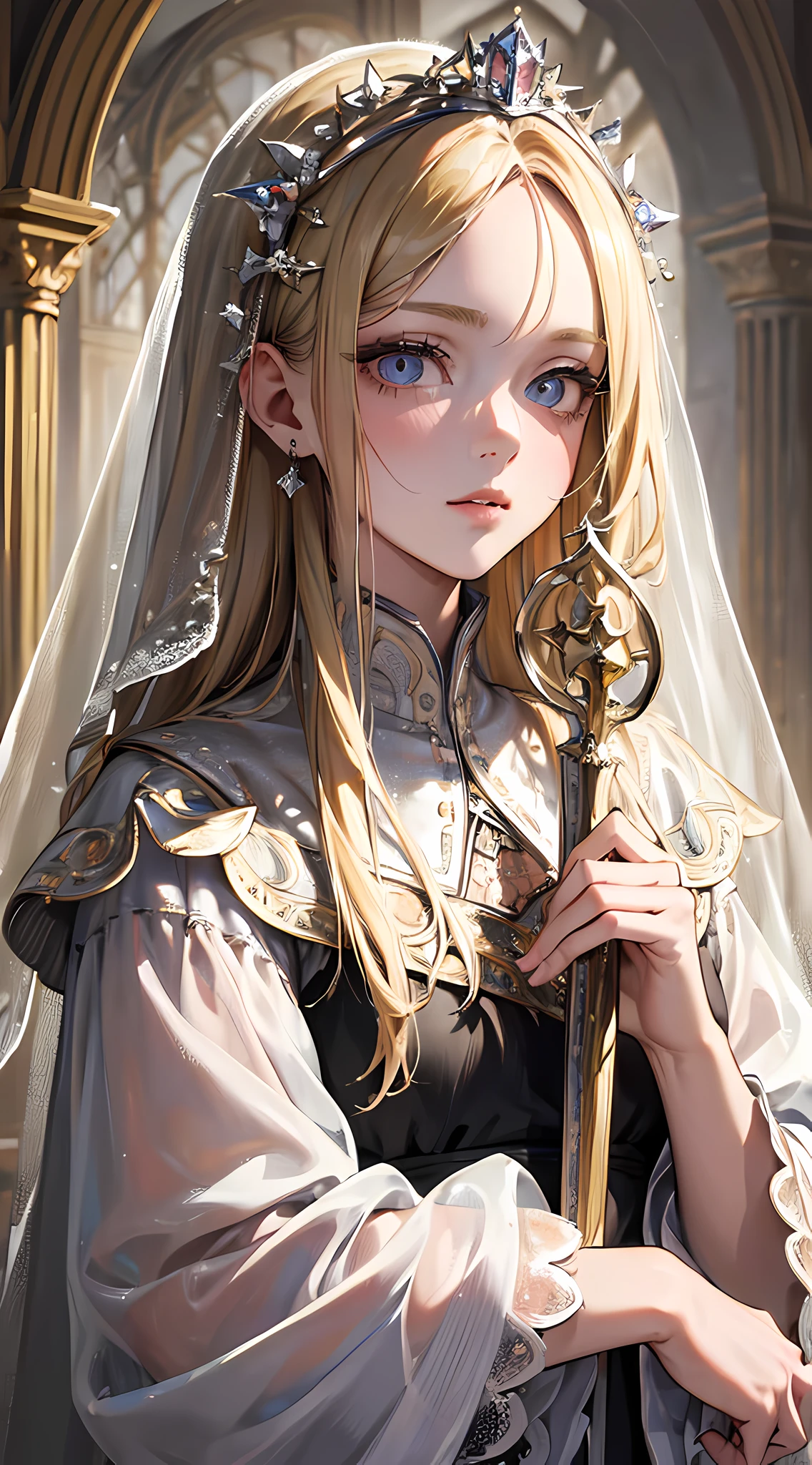 (masterpiece, best quality:1.5), official art, raw photo, incredibly absurdres, medieval, upper body, princess, veil, see-through, (decorative, shiny:0.8), blonde hair, ultra realistic, highres, photography, sharp focus, highest detailed, extreme detailed, ultra detailed, finely detail, extremely detailed eyes and face, sharp pupils, realistic pupils