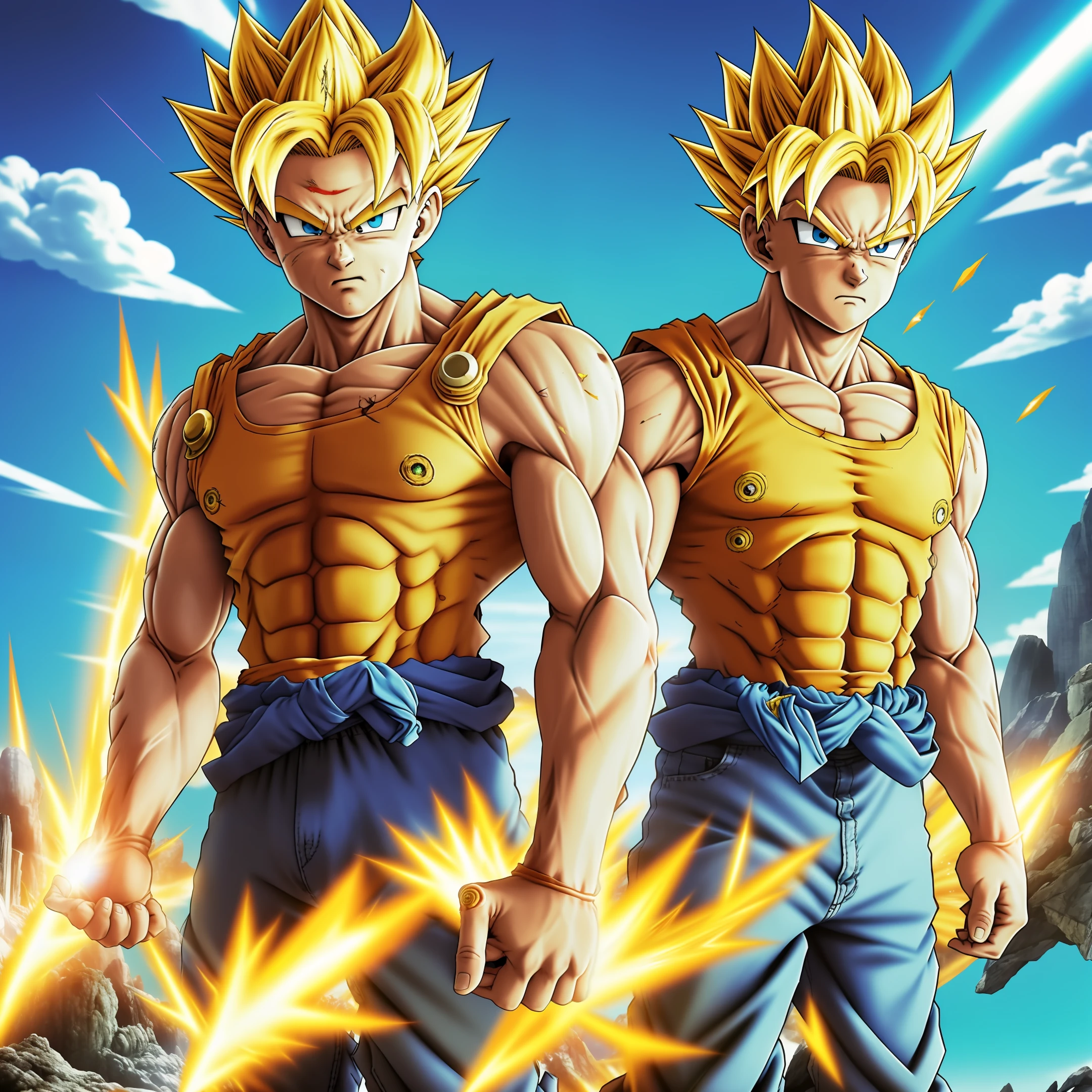 Son Goku, 1boy, battle damage, muscular, blue eyes, yellow hair, solo, super saiyan, torn clothes, looking straight, very detailed, HD, masterpiece, 8k, professional, symmetrical, detailed iris:0.5) (looking at camera:0.8) Toriyama Akira, in the style of Akira Toriyama, Dragon Ball Z, Phonk